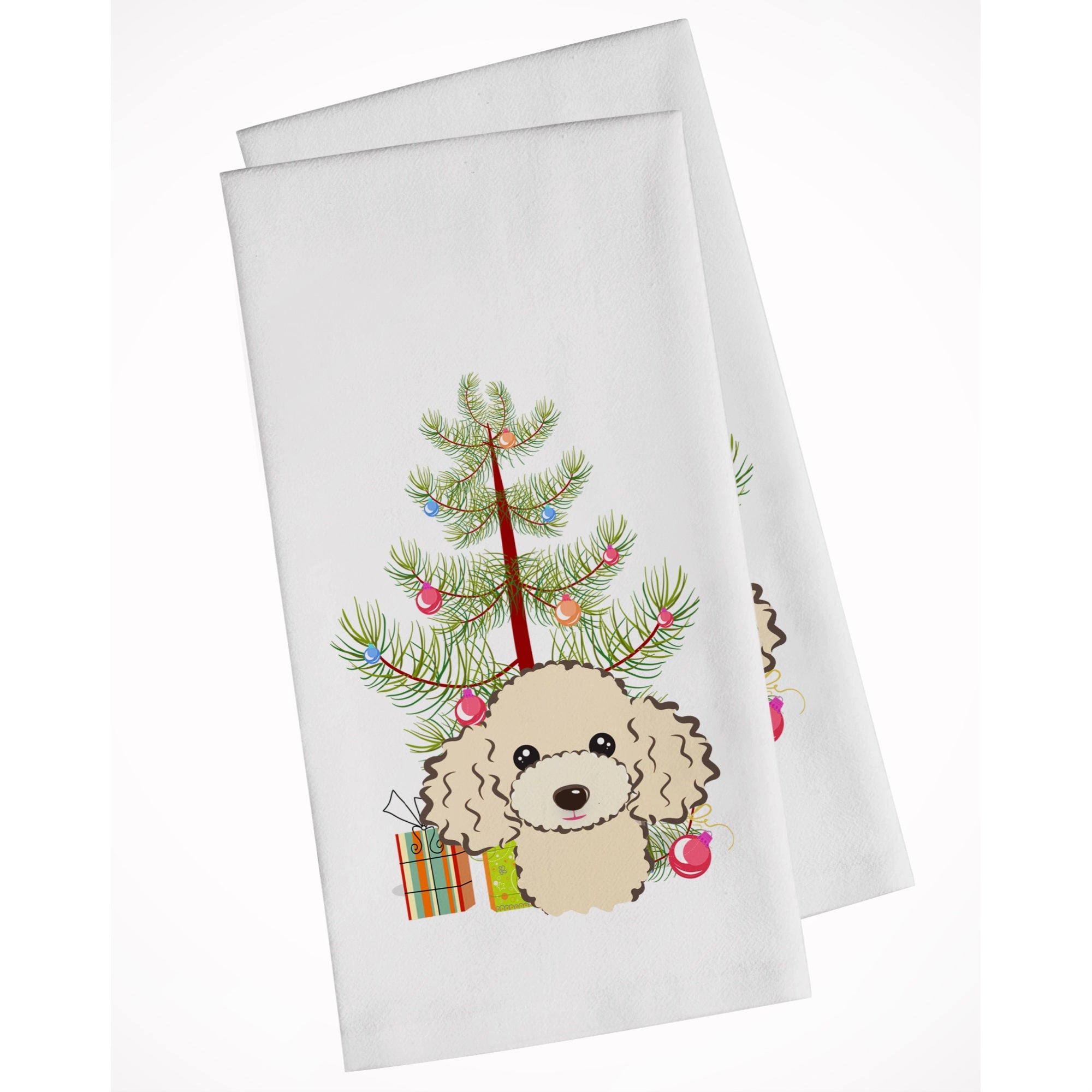 Christmas Tree And Buff Poodle White Kitchen Towel Set Of 2