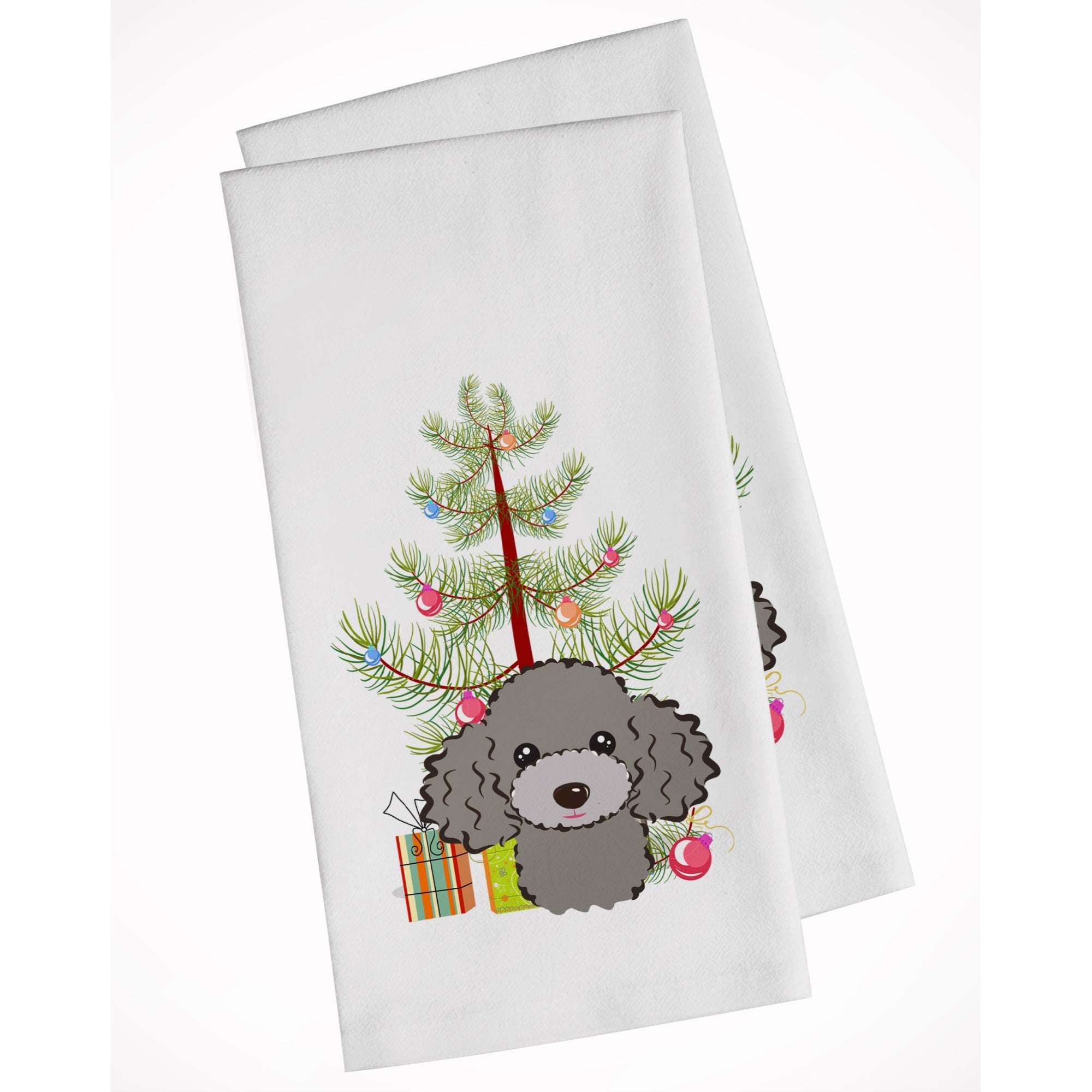 Christmas Tree And Silver Gray Poodle White Kitchen Towel Set Of 2