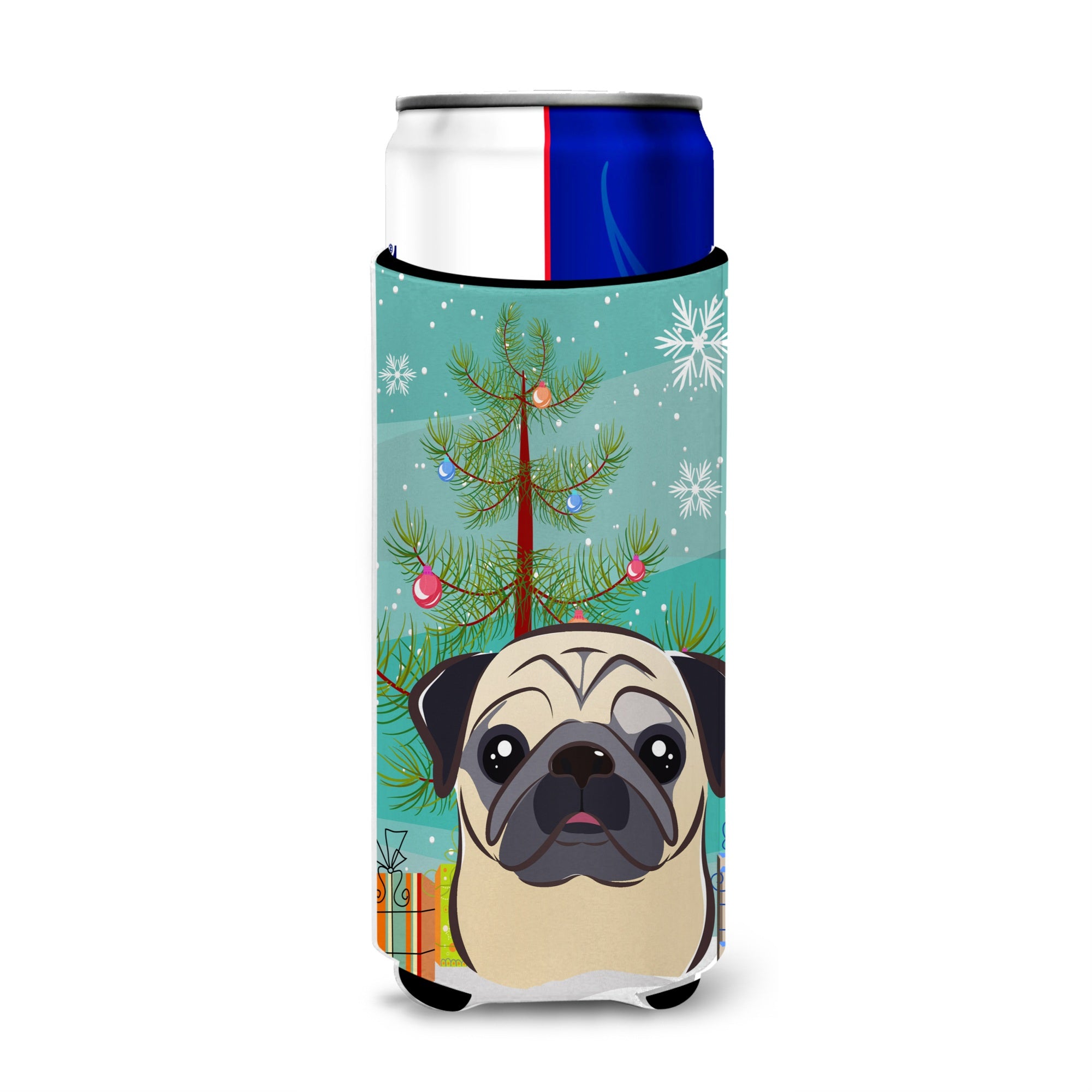 Caroline'S Treasures Christmas Tree And Fawn Pug Michelob Ultra Koozies For Slim Cans, Multicolor