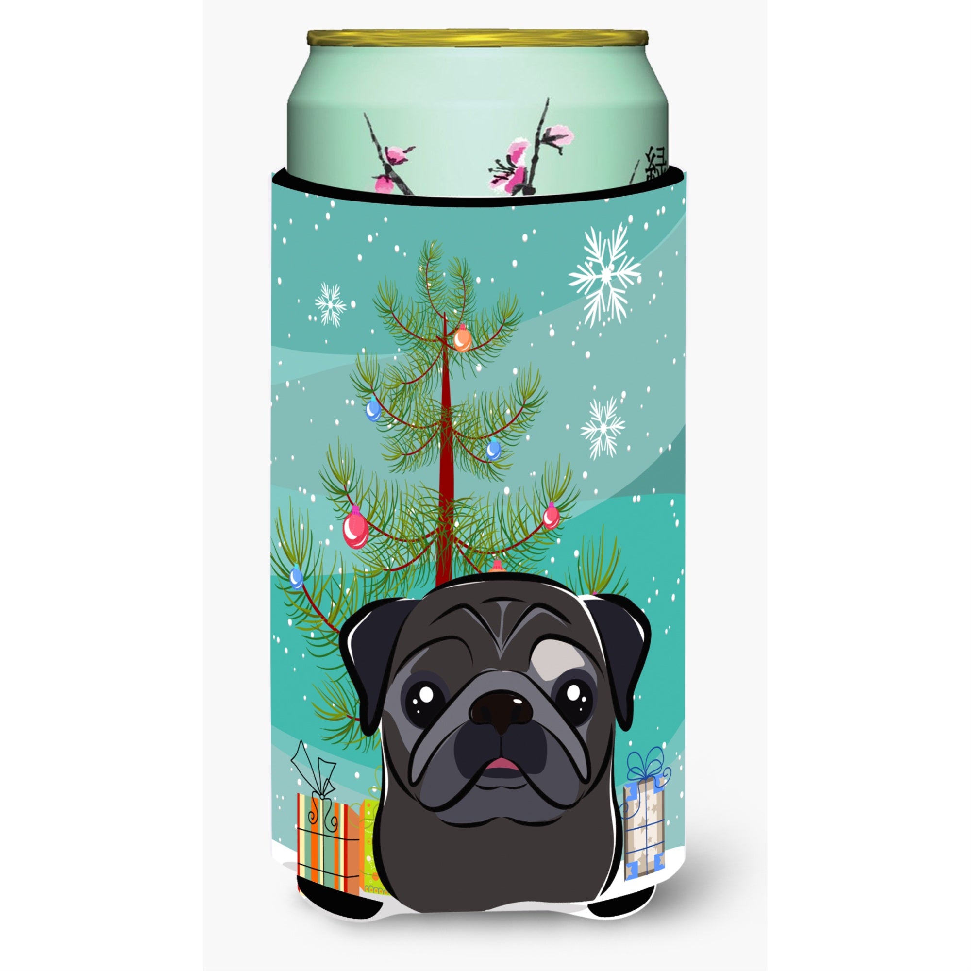 Caroline'S Treasures Christmas Tree And Black Pug Tall Boy Koozie Hugger, Multicolor