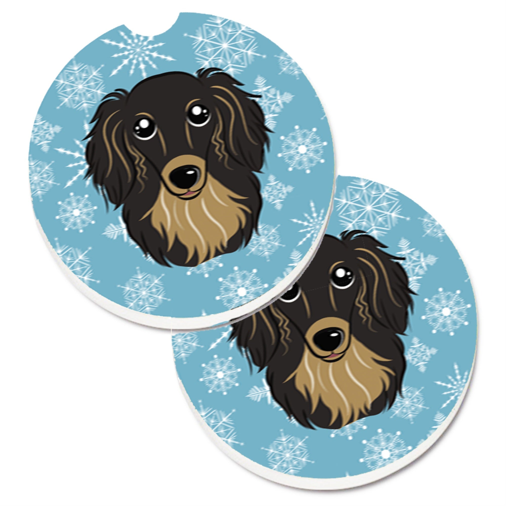 Caroline'S Treasures Snowflake Longhair Black & Tan Dachshund Set Of 2 Cup Holder Car Coasters Bb1647Carc, 2.56, Multicolor