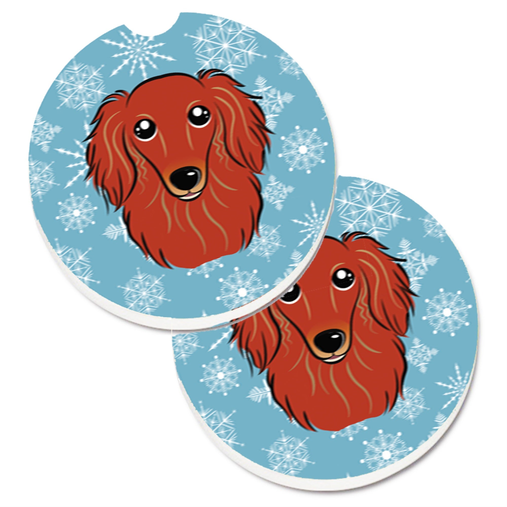 Caroline'S Treasures Snowflake Longhair Red Dachshund Set Of 2 Cup Holder Car Coasters Bb1648Carc, 2.56, Multicolor