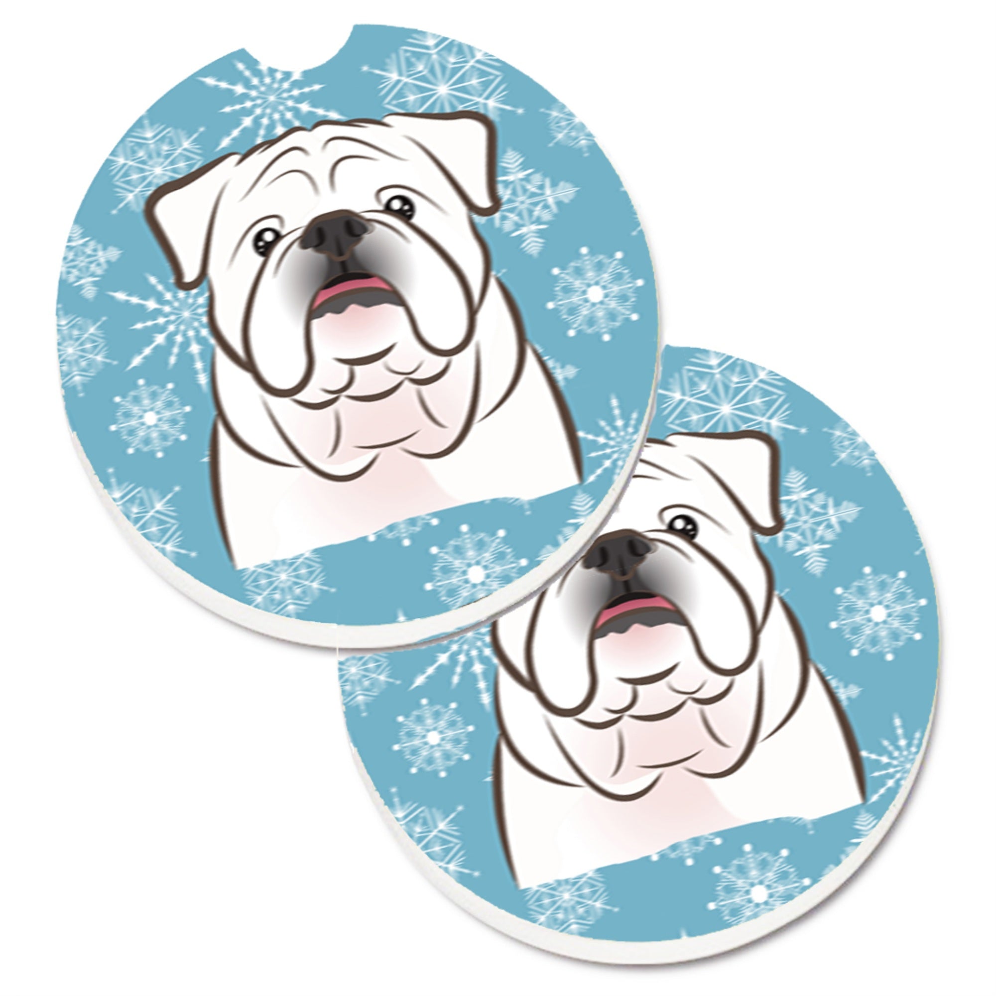 Caroline'S Treasures Snowflake White English Bulldog Set Of 2 Cup Holder Car Coasters Bb1654Carc, 2.56, Multicolor