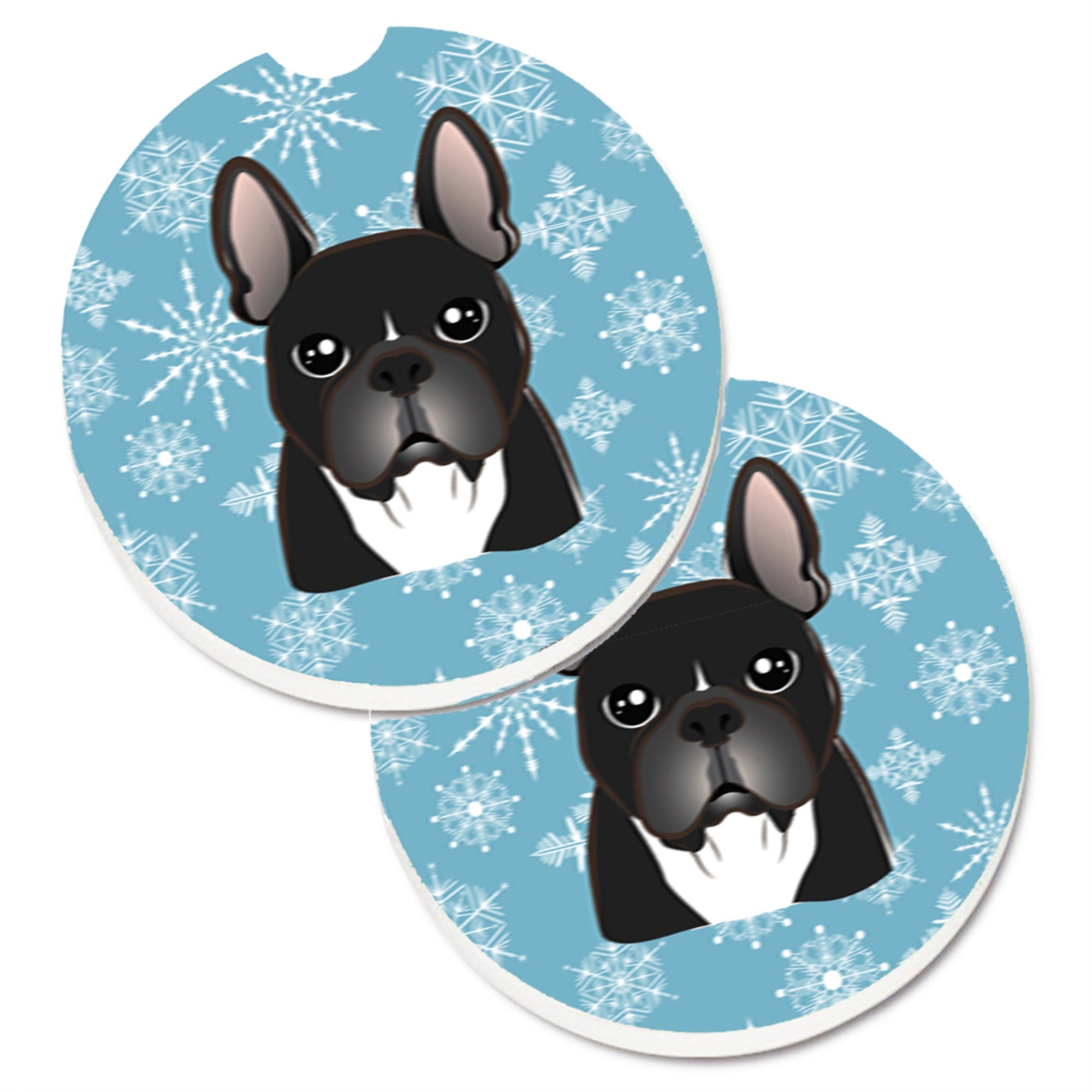 Caroline'S Treasures Snowflake French Bulldog Set Of 2 Cup Holder Car Coasters Bb1661Carc, 2.56, Multicolor