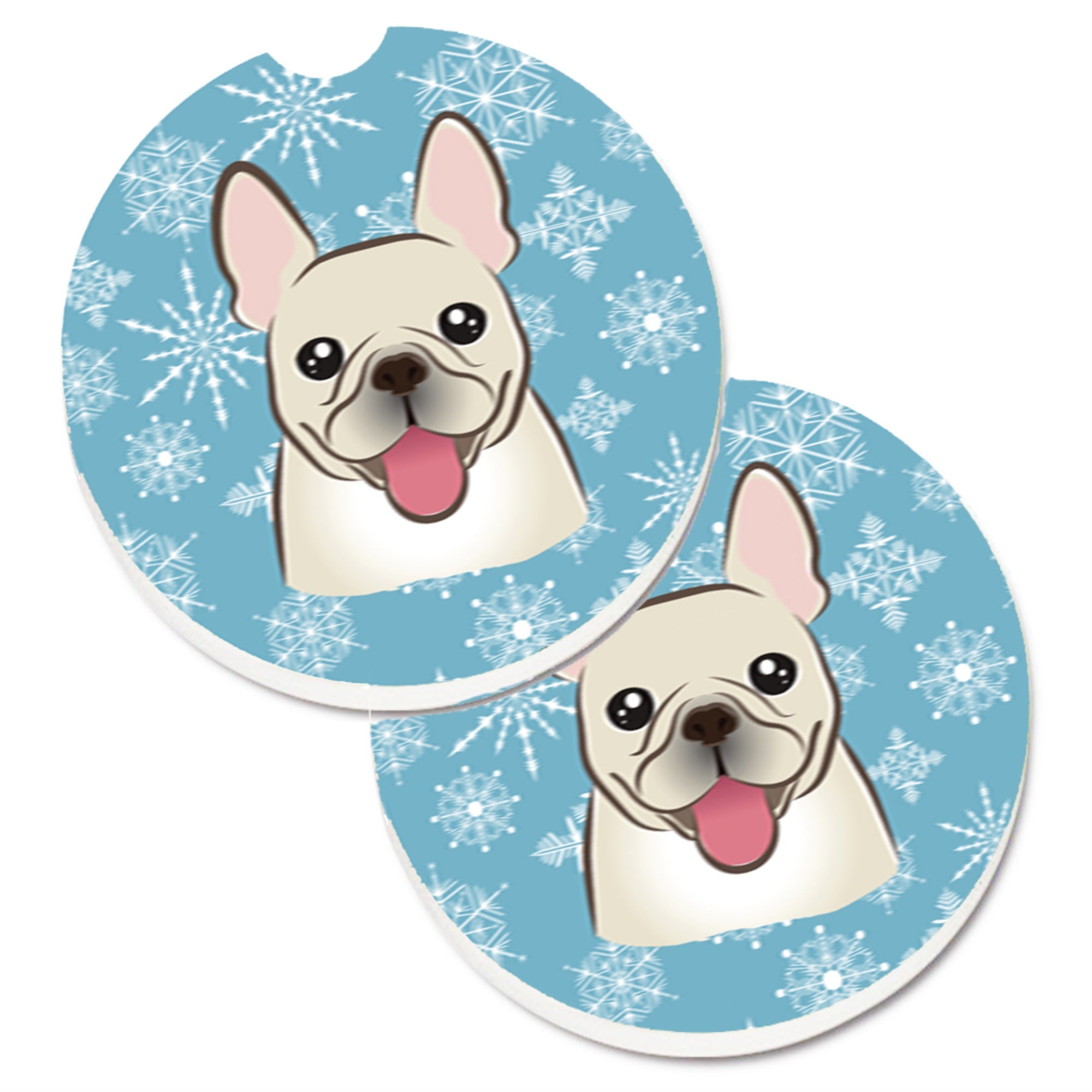 Caroline'S Treasures Snowflake French Bulldog Set Of 2 Cup Holder Car Coasters Bb1672Carc, 2.56, Multicolor