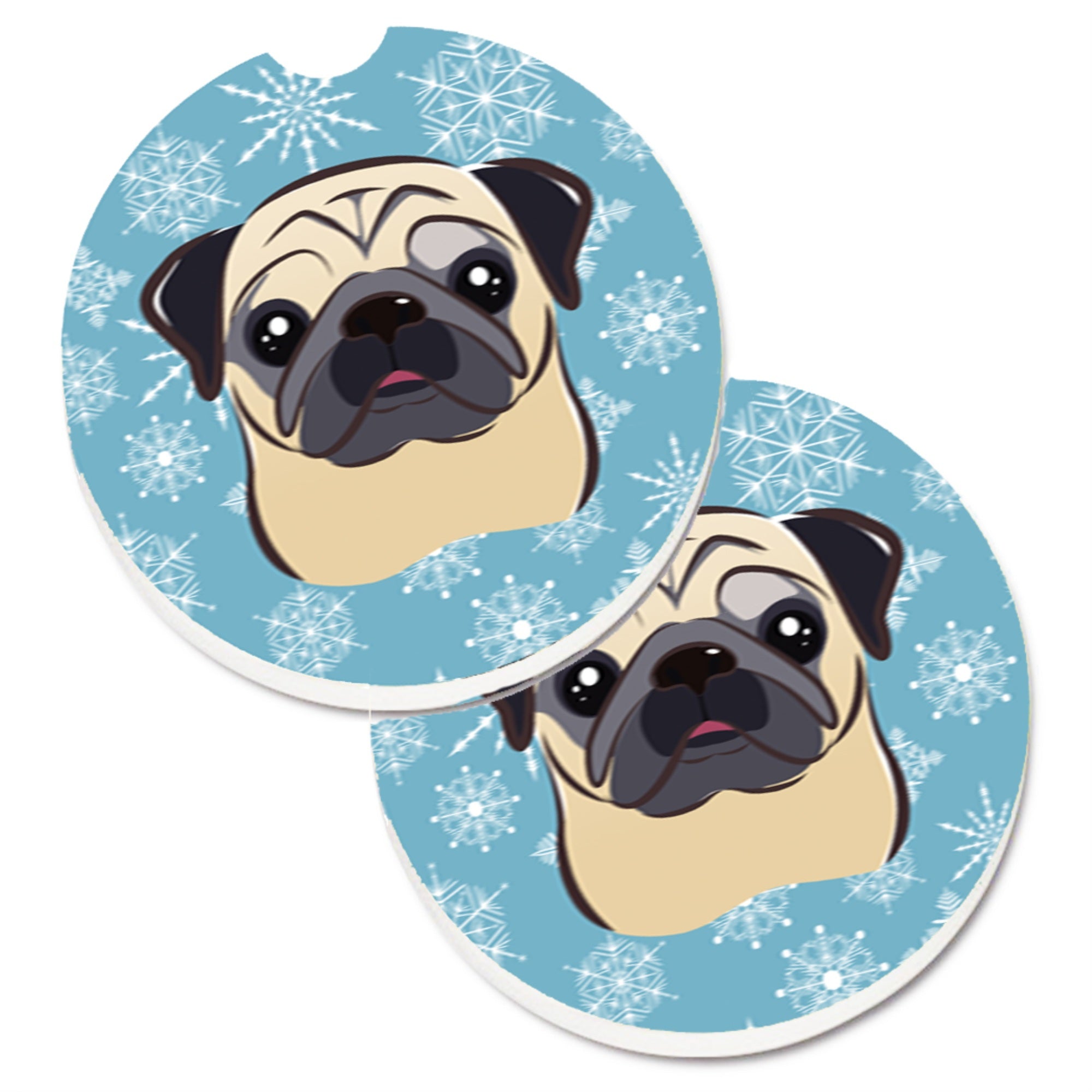 Caroline'S Treasures Snowflake Fawn Pug Set Of 2 Cup Holder Car Coasters Bb1696Carc, 2.56, Multicolor