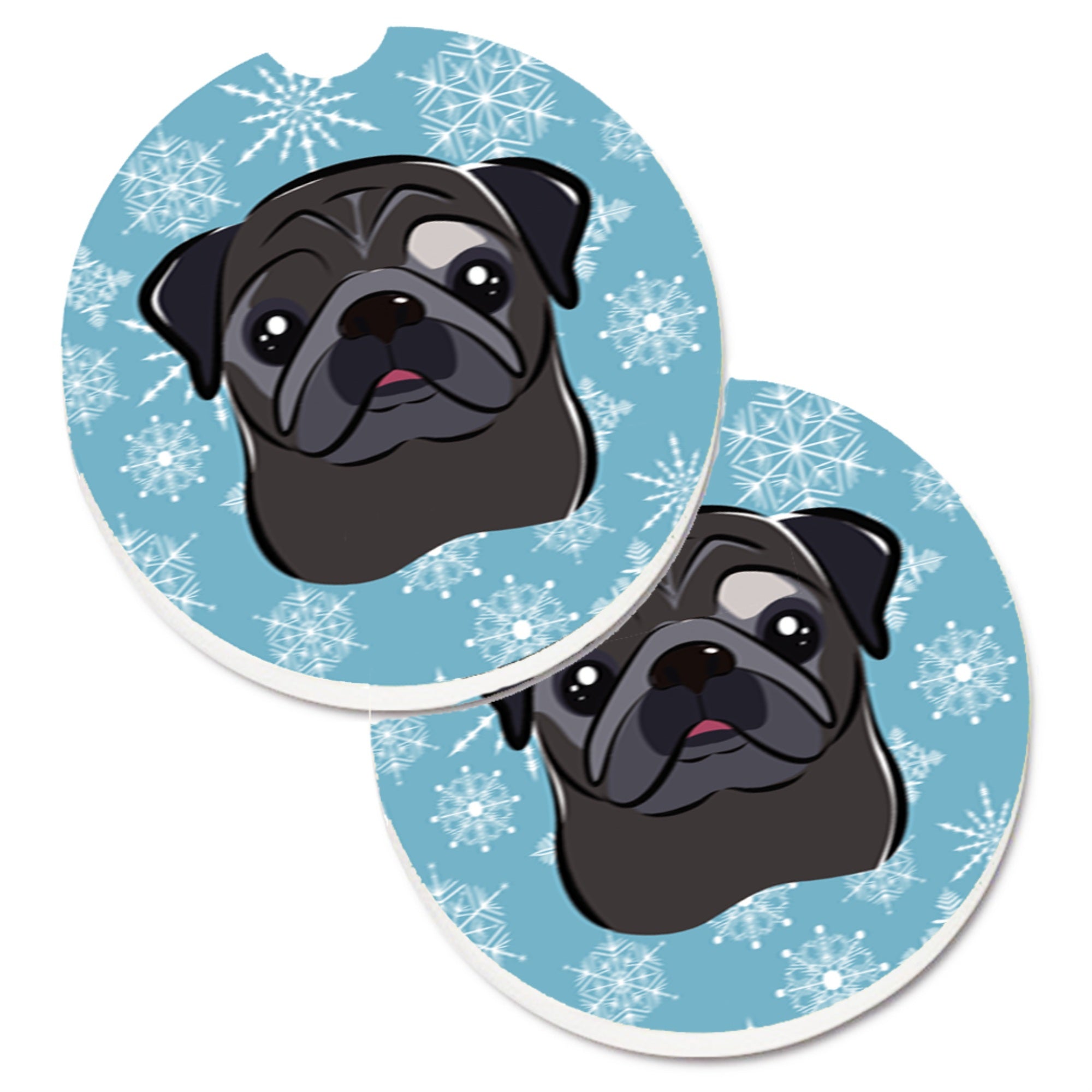 Caroline'S Treasures Snowflake Black Pug Set Of 2 Cup Holder Car Coasters Bb1697Carc, 2.56, Multicolor