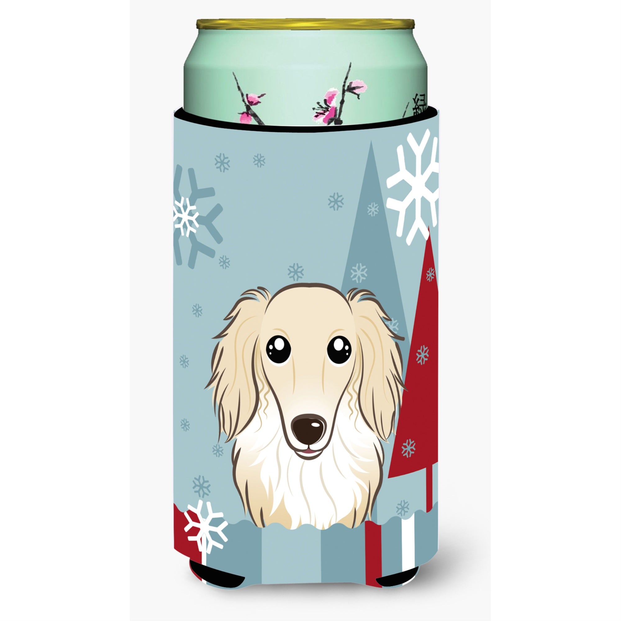 Caroline'S Treasures Winter Holiday Longhair Creme Dachshund Tall Boy Koozie Hugger, Multicolor