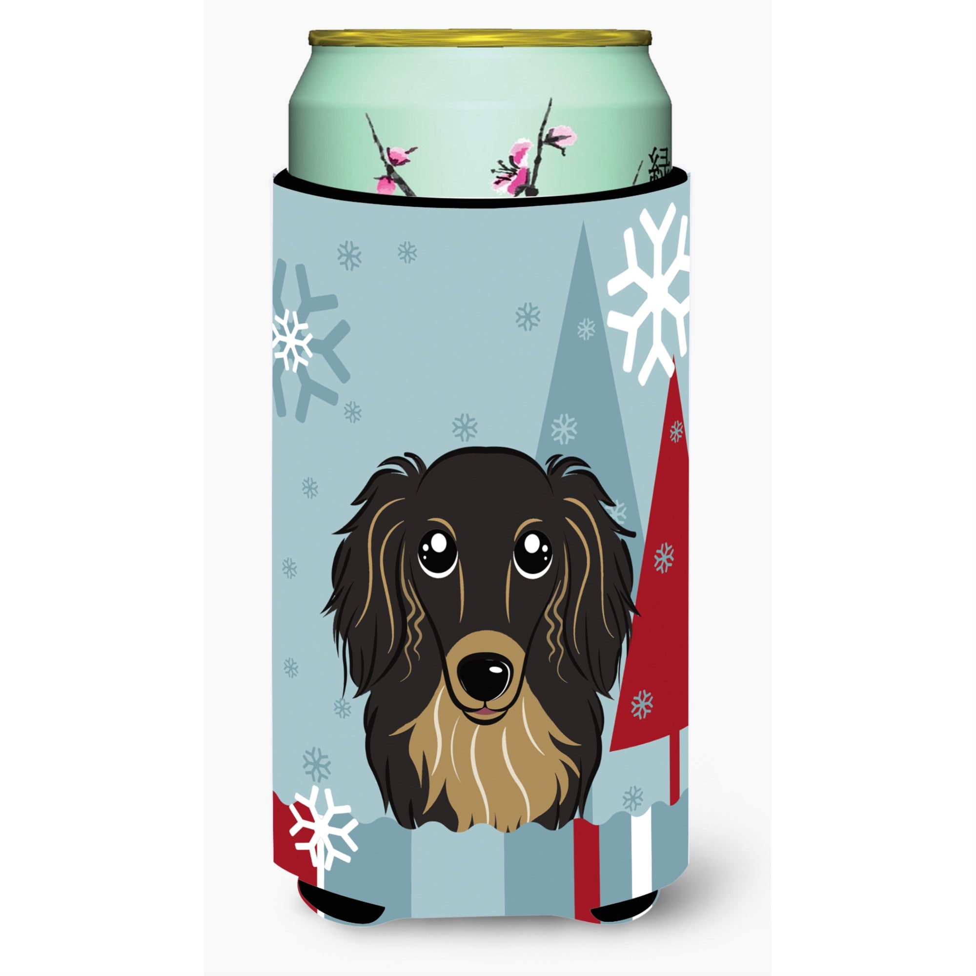 Caroline'S Treasures Winter Holiday Longhair Black And Tan Dachshund Tall Boy Koozie Hugger, Multicolor