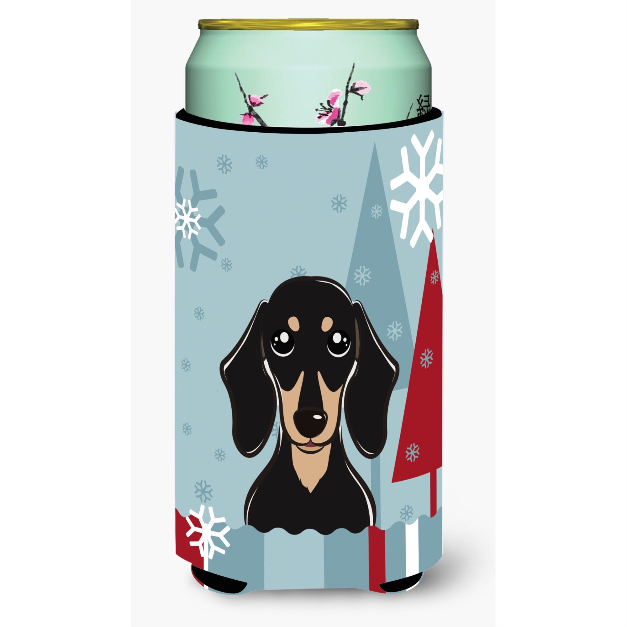 Caroline'S Treasures Winter Holiday Smooth Black And Tan Dachshund Tall Boy Koozie Hugger, Multicolor