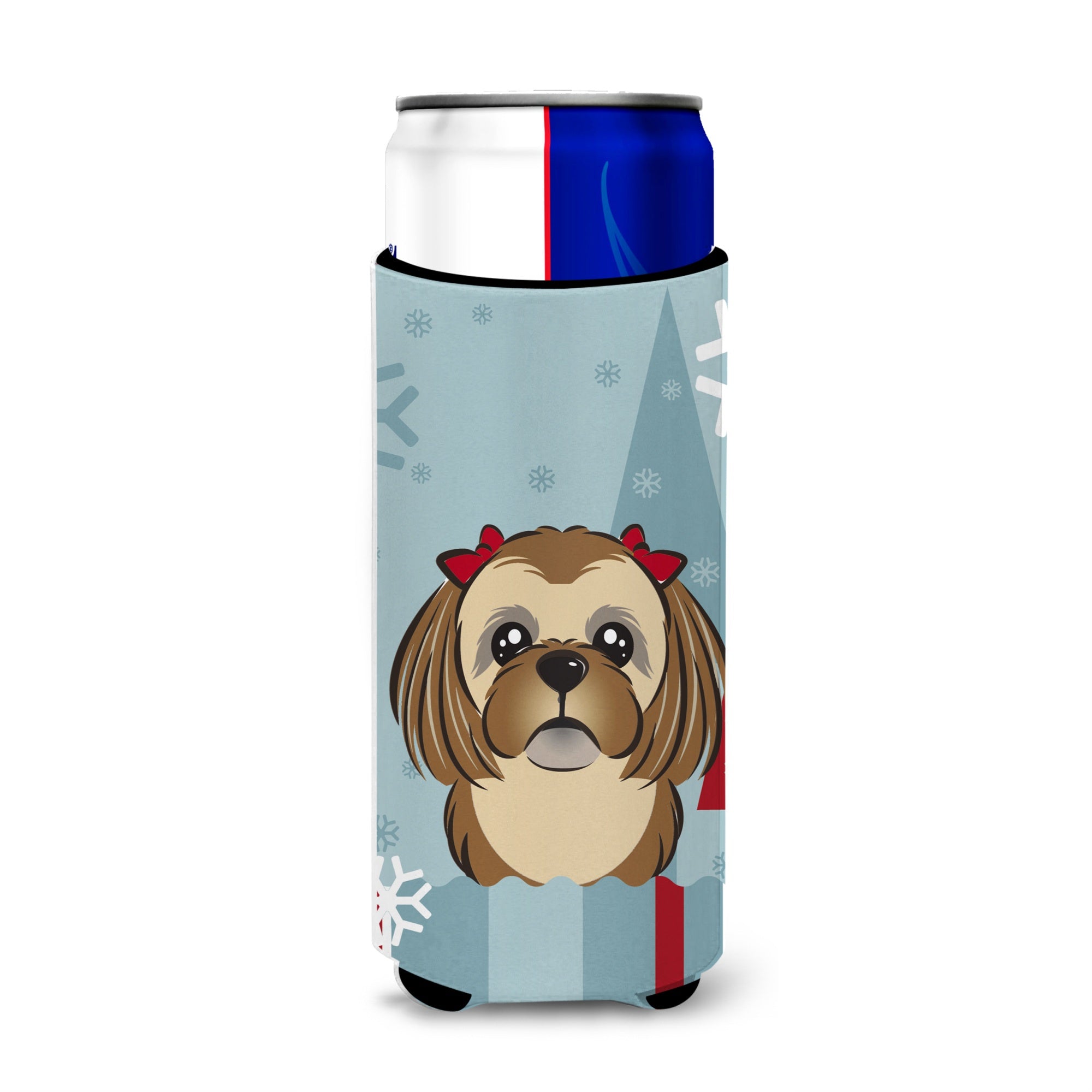Caroline'S Treasures Winter Holiday Chocolate Brown Shih Tzu Michelob Ultra Koozies For Slim Cans, Multicolor