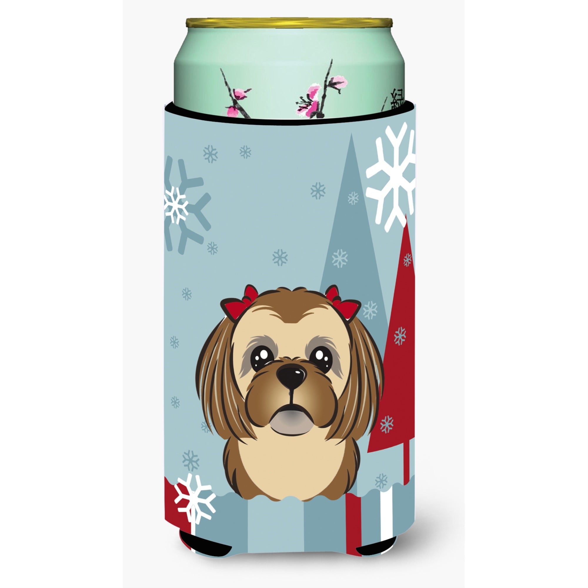 Caroline'S Treasures Winter Holiday Chocolate Brown Shih Tzu Tall Boy Koozie Hugger, Multicolor
