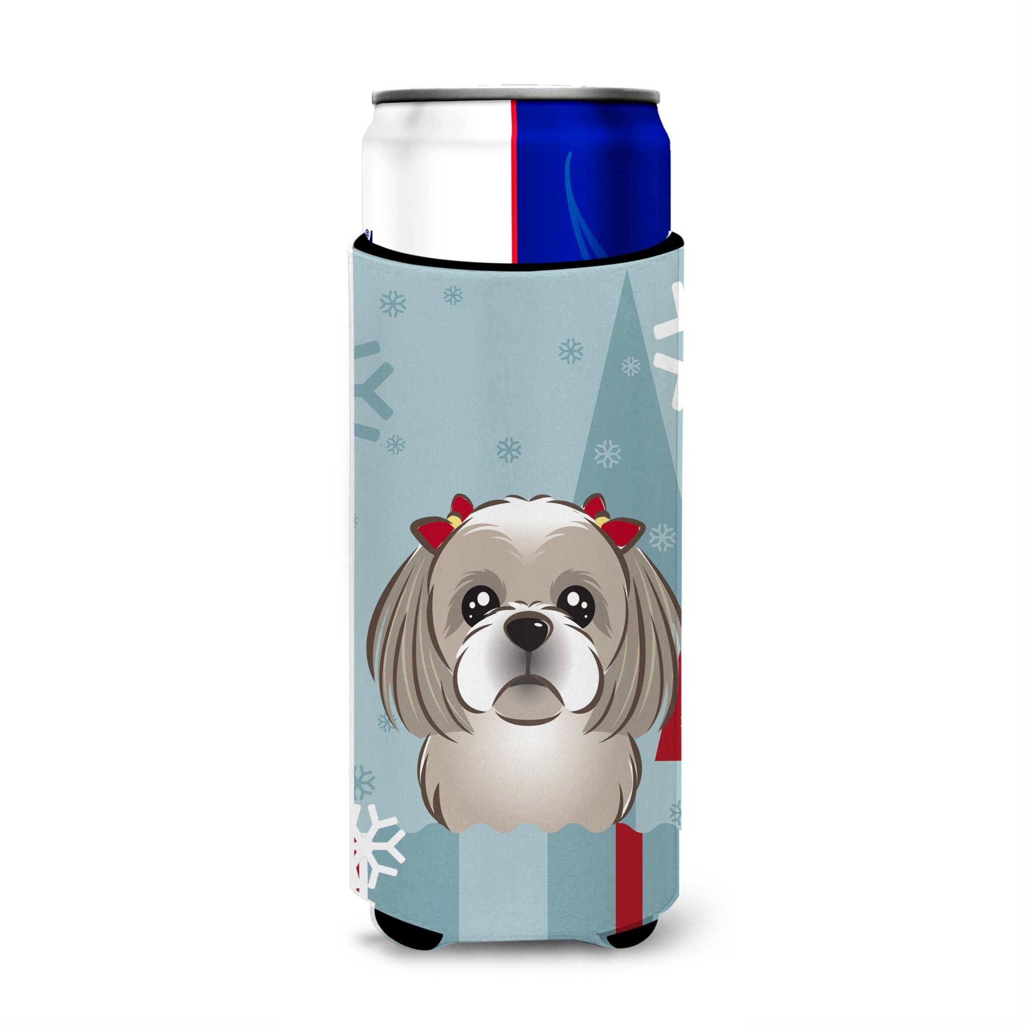 Caroline'S Treasures Winter Holiday Gray Silver Shih Tzu Michelob Ultra Koozies For Slim Cans, Multicolor