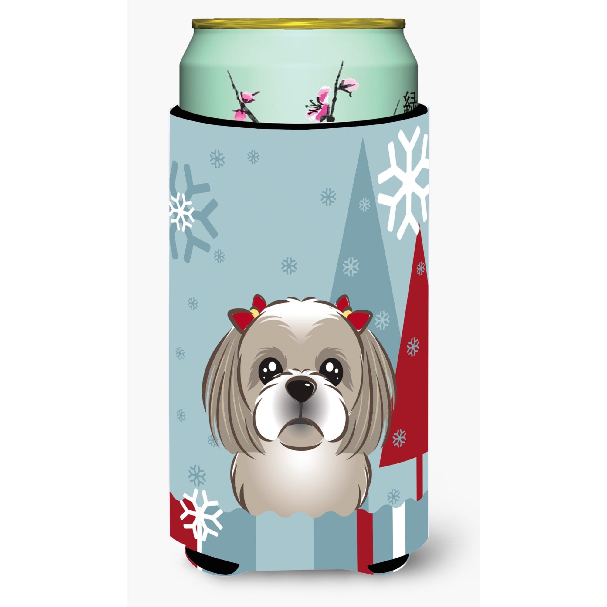 Caroline'S Treasures Winter Holiday Gray Silver Shih Tzu Tall Boy Koozie Hugger, Multicolor