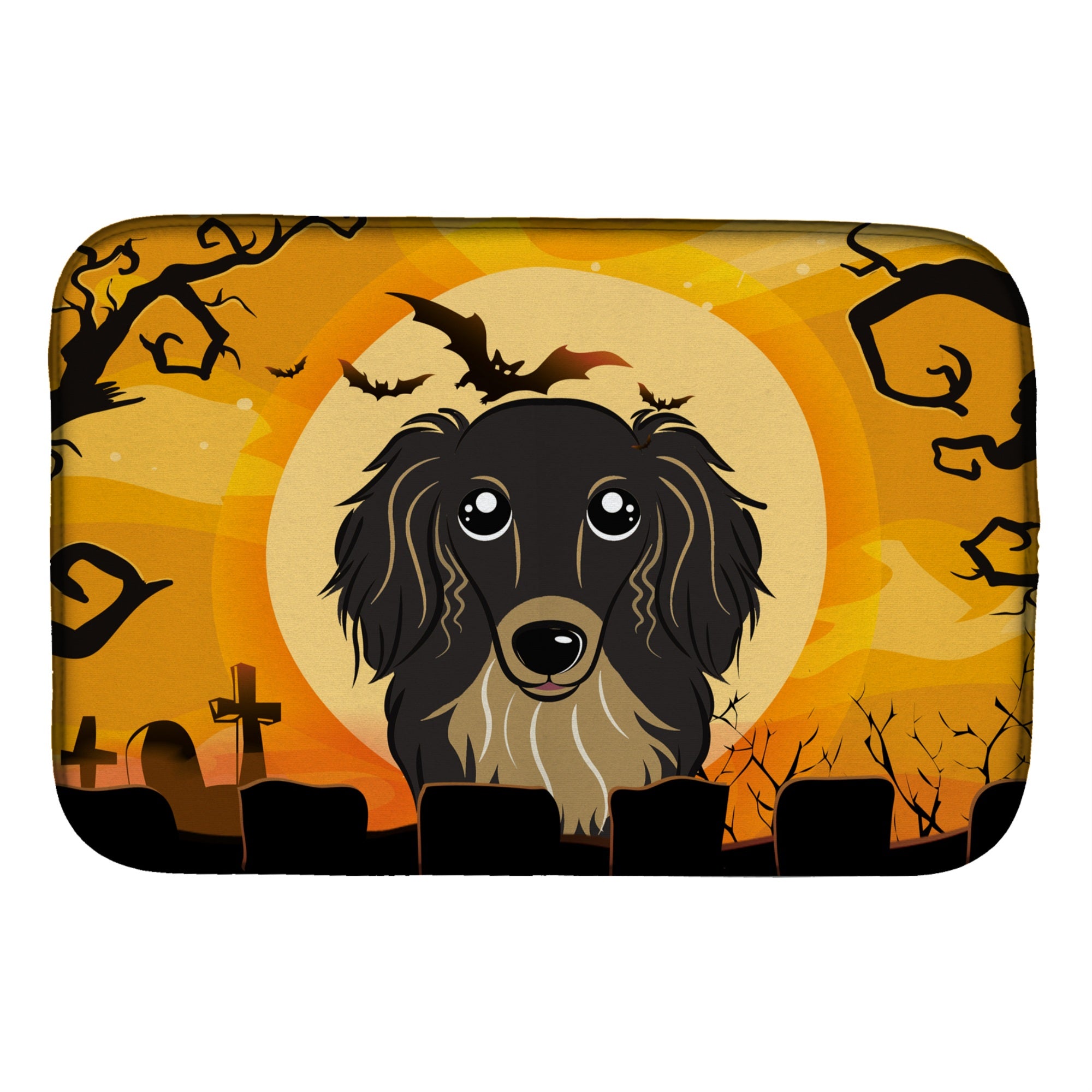 Caroline'S Treasures Halloween Longhair Black And Tan Dachshund Dish Drying Mat, 14 X 21