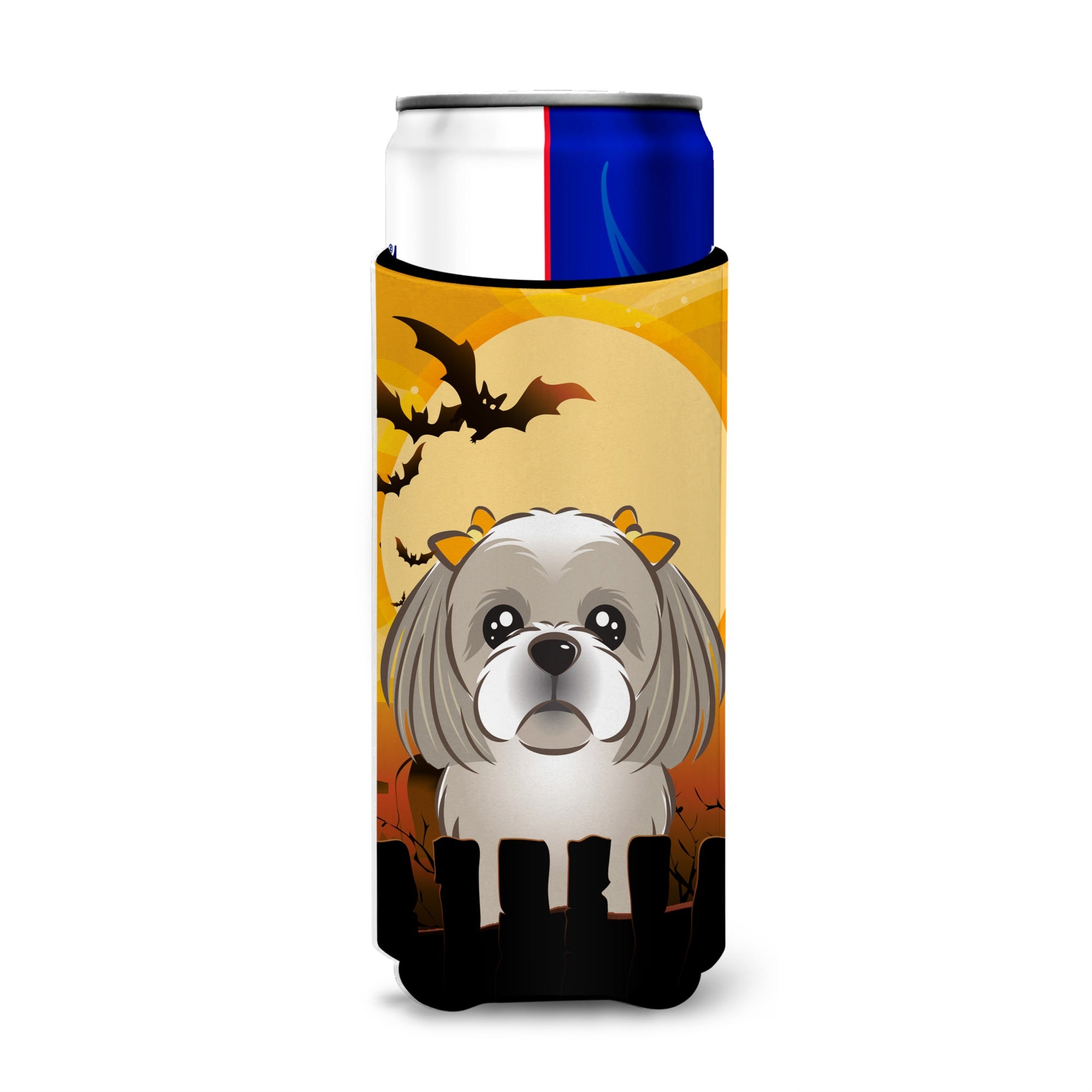 Caroline'S Treasures Halloween Gray Silver Shih Tzu Michelob Ultra Koozies For Slim Cans, Multicolor