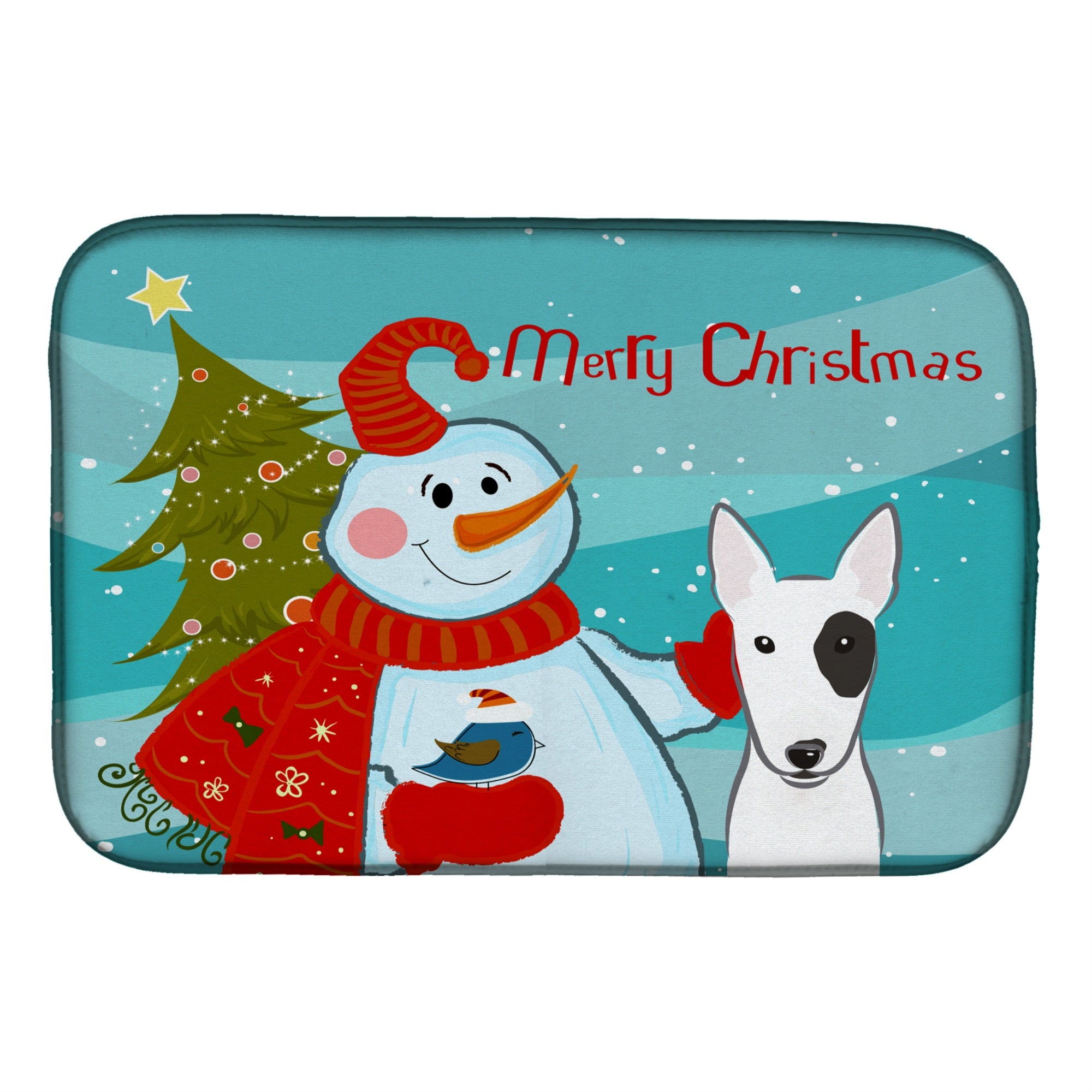 Caroline'S Treasures Snowman With Bull Terrier Dish Drying Mat, 14 X 21
