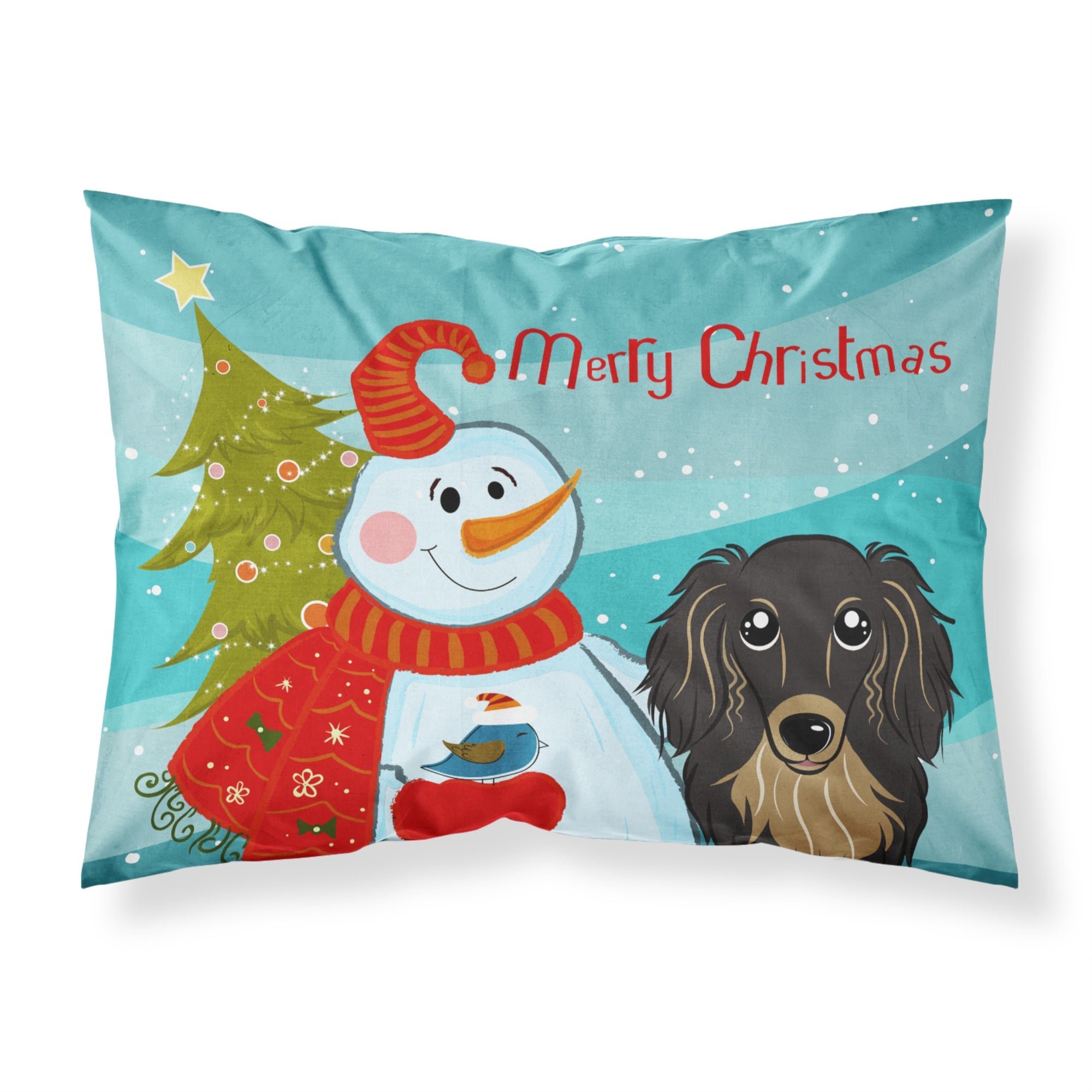 Caroline'S Treasures Bb1833Pillowcase Snowman With Longhair Black And Tan Dachshund Fabric Standard Pillowcase, Large, Multico