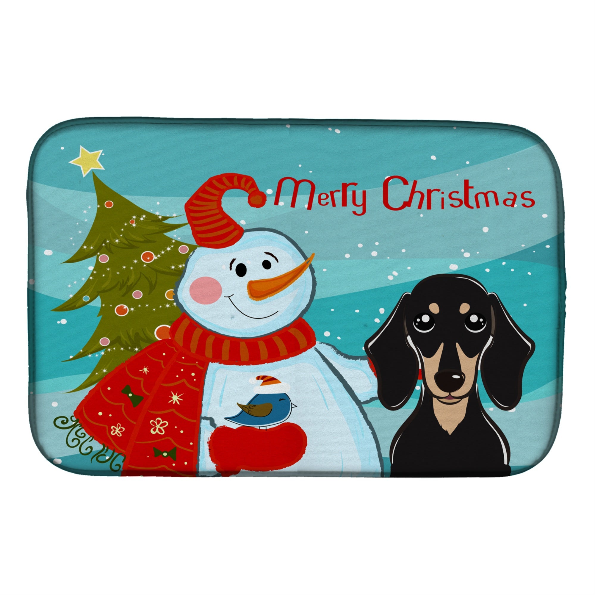 Caroline'S Treasures Snowman With Smooth Black And Tan Dachshund Dish Drying Mat, 14 X 21
