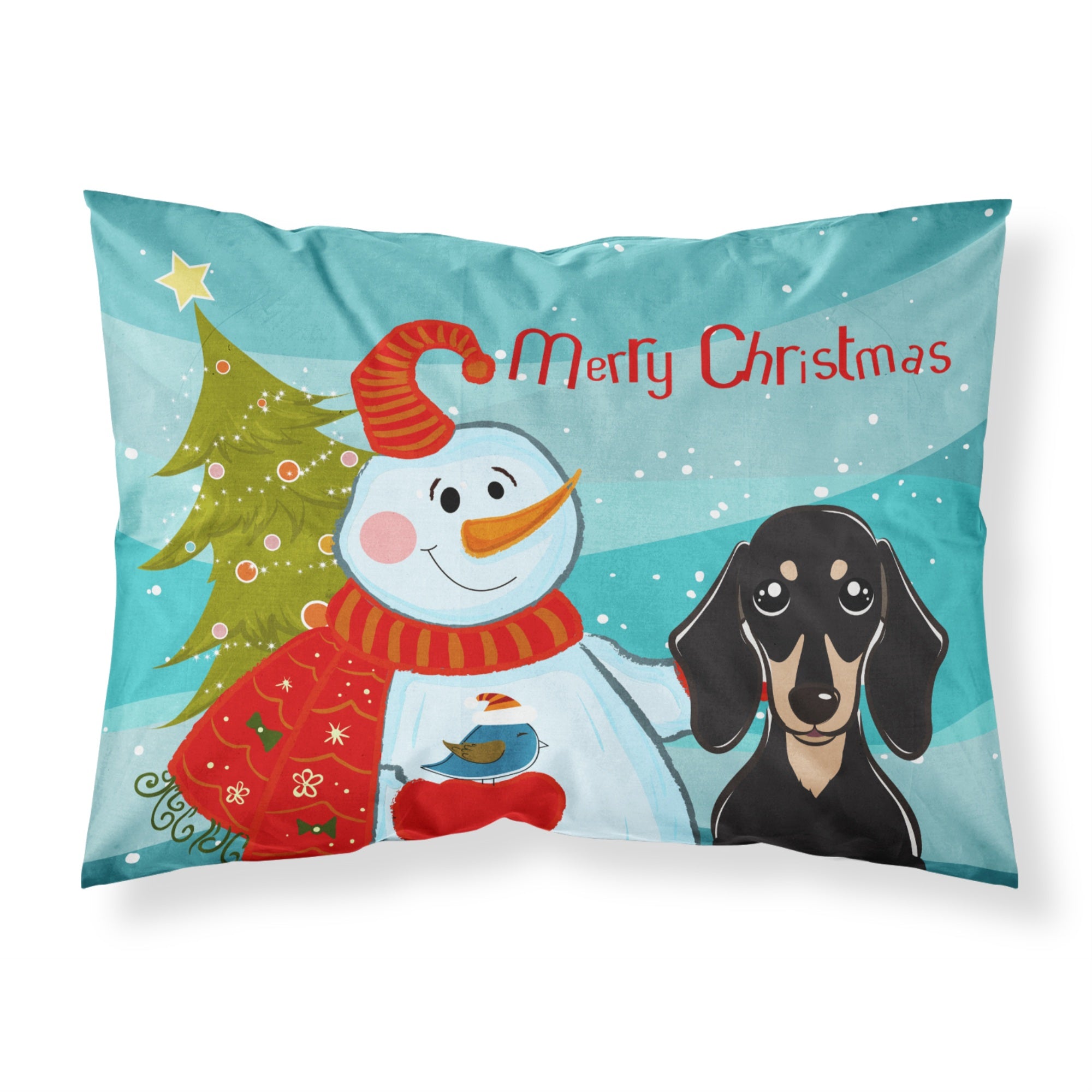 Caroline'S Treasures Bb1835Pillowcase Snowman With Smooth Black And Tan Dachshund Fabric Standard Pillowcase, Large, Multicolo