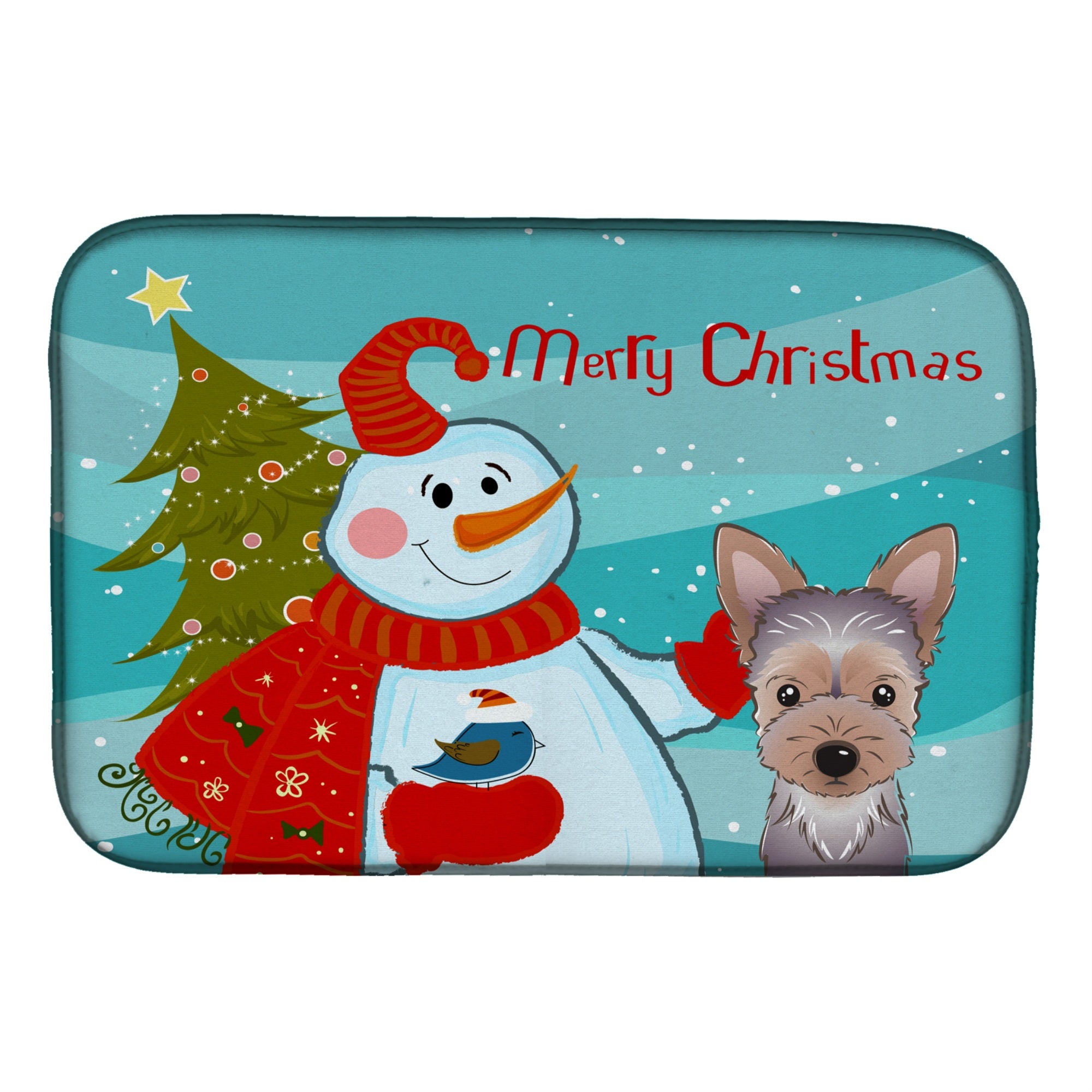 Caroline'S Treasures Snowman With Yorkie Puppy Dish Drying Mat, 14 X 21