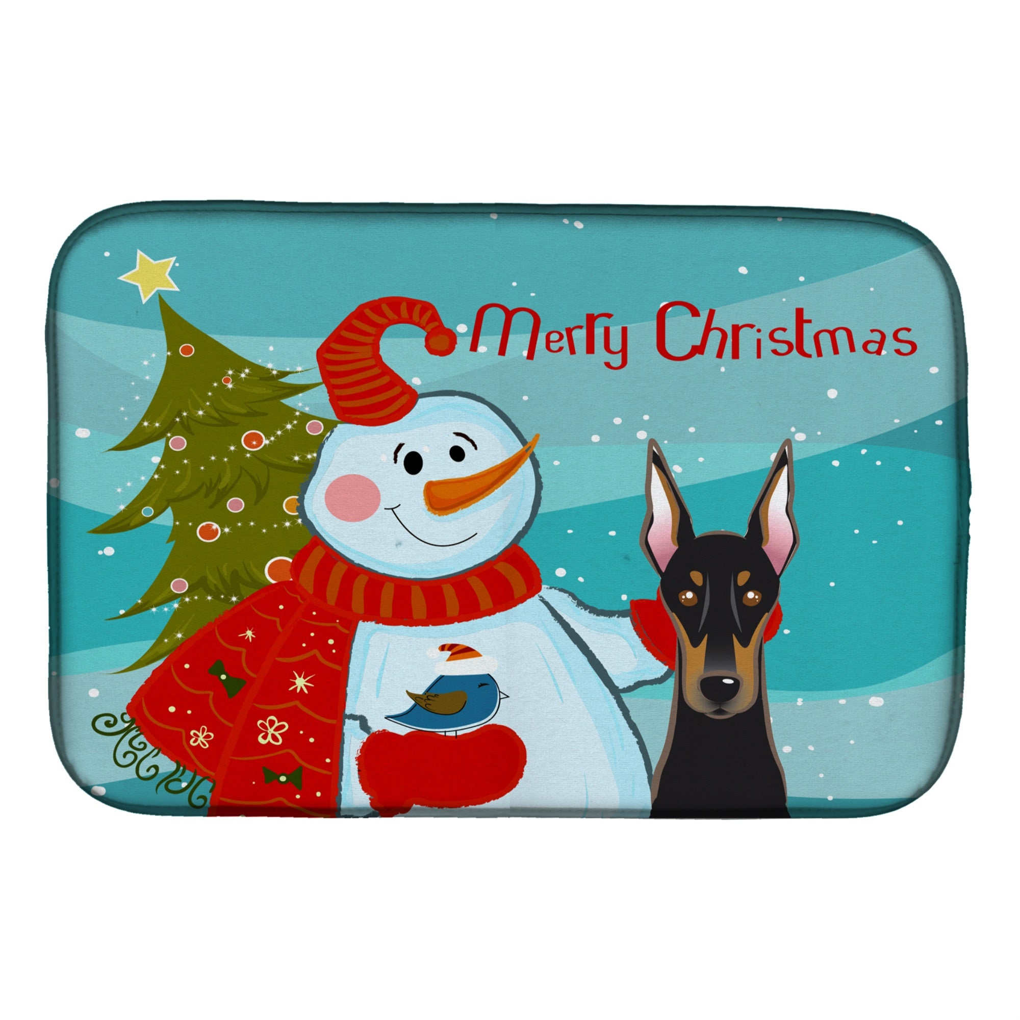 Caroline'S Treasures Snowman With Doberman Dish Drying Mat, 14 X 21