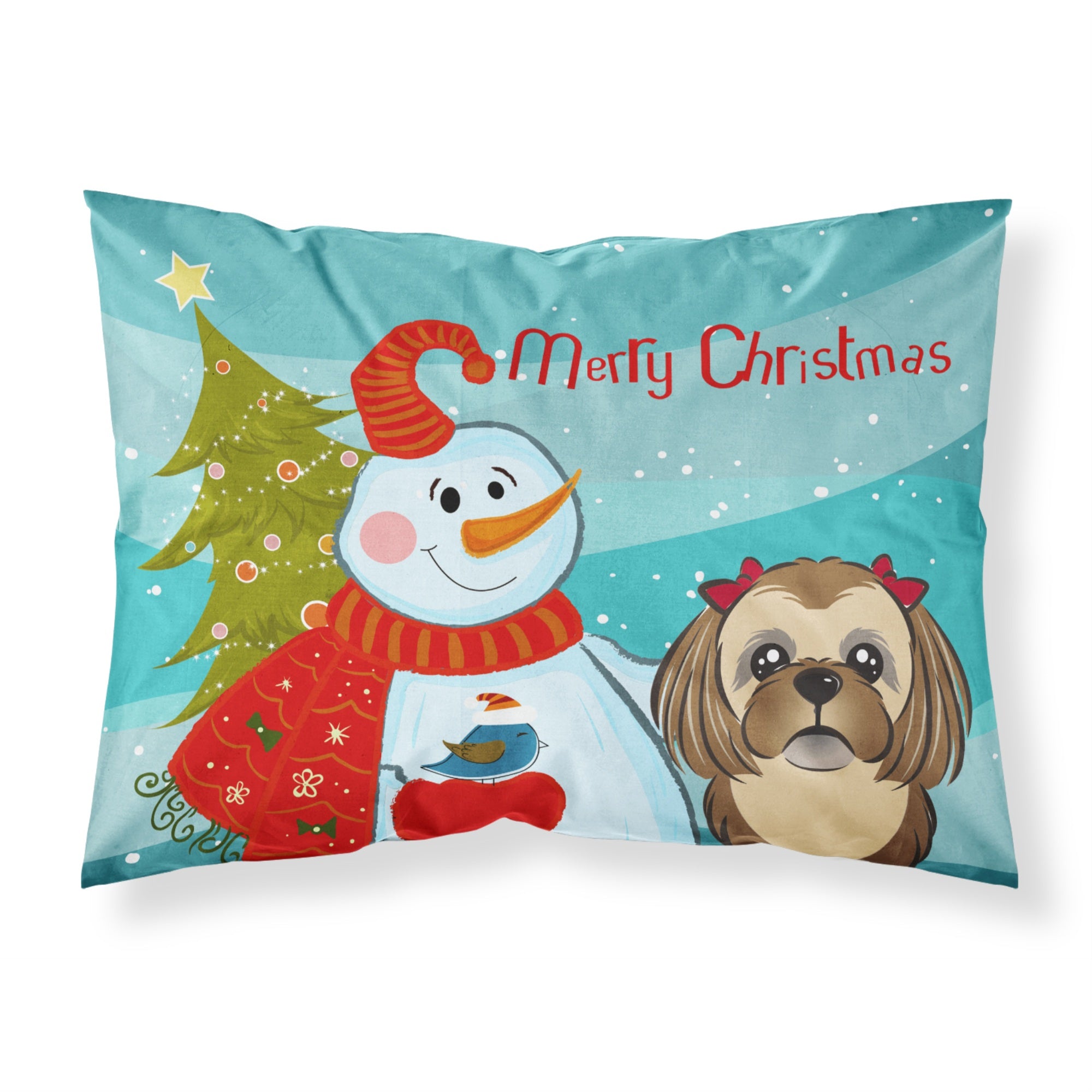 Caroline'S Treasures Bb1869Pillowcase Snowman With Chocolate Brown Shih Tzu Fabric Standard Pillowcase, Large, Multicolor