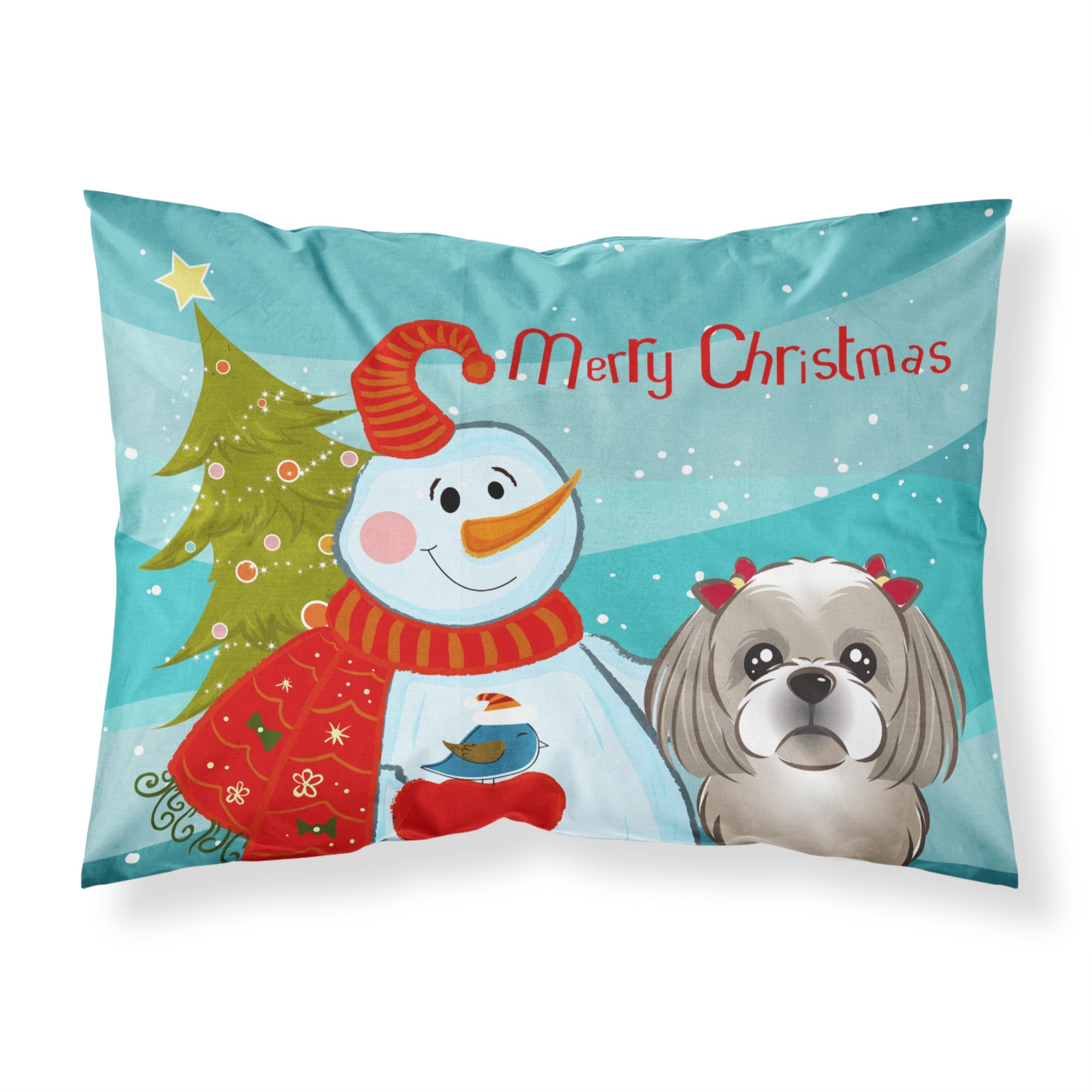 Caroline'S Treasures Bb1870Pillowcase Snowman With Gray Silver Shih Tzu Fabric Standard Pillowcase, Large, Multicolor