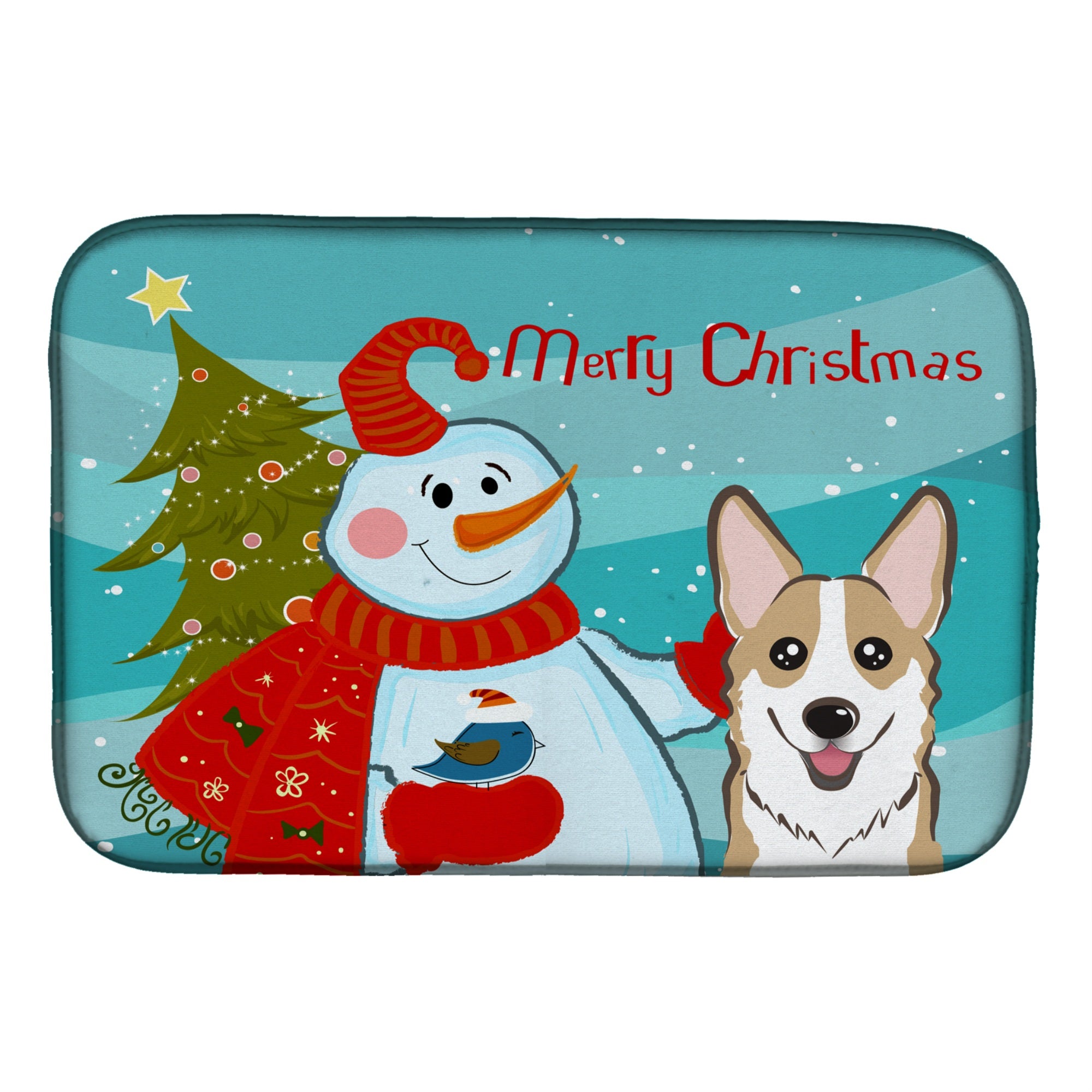 Caroline'S Treasures Snowman With Sable Corgi Dish Drying Mat, 14 X 21
