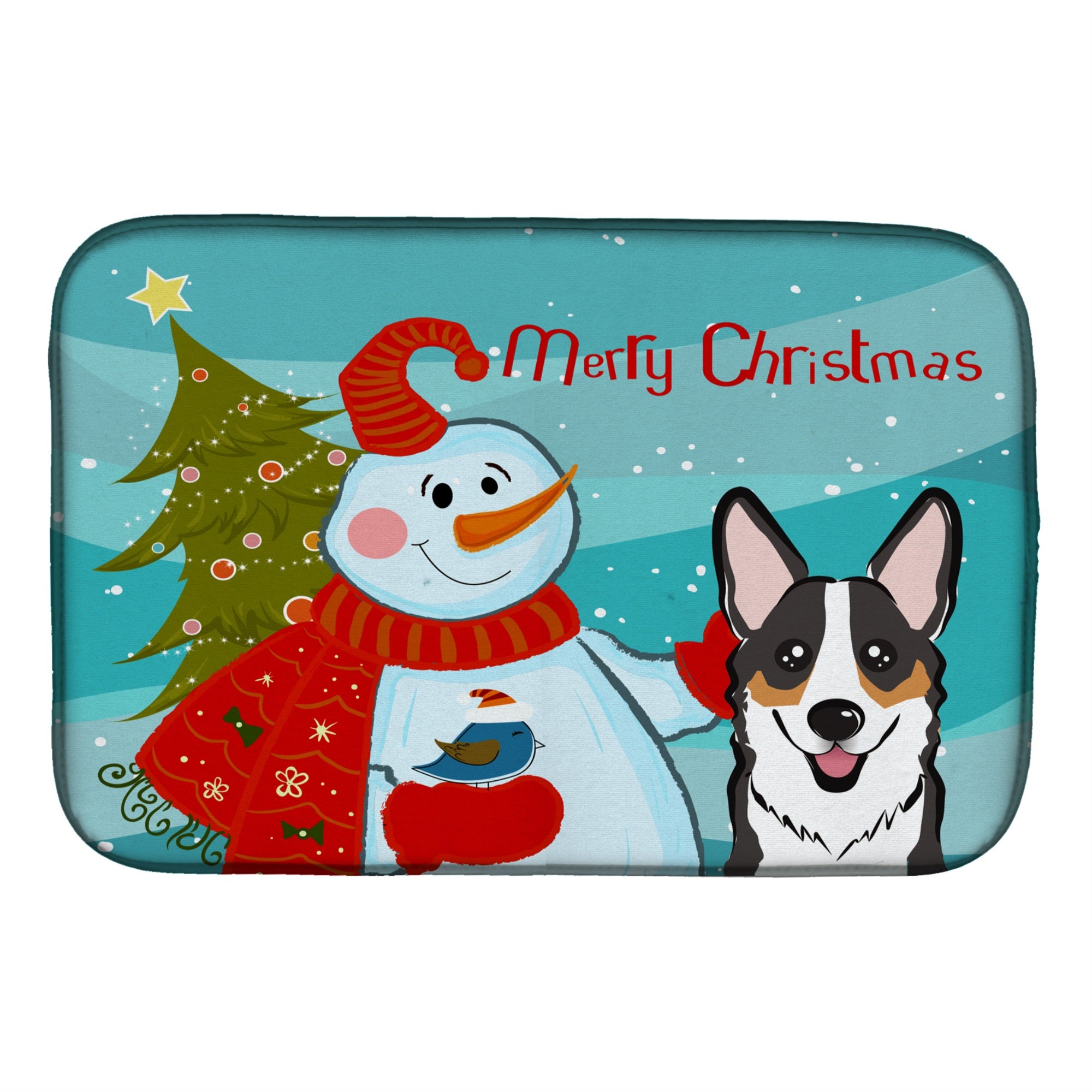 Caroline'S Treasures Snowman With Tricolor Corgi Dish Drying Mat, 14 X 21