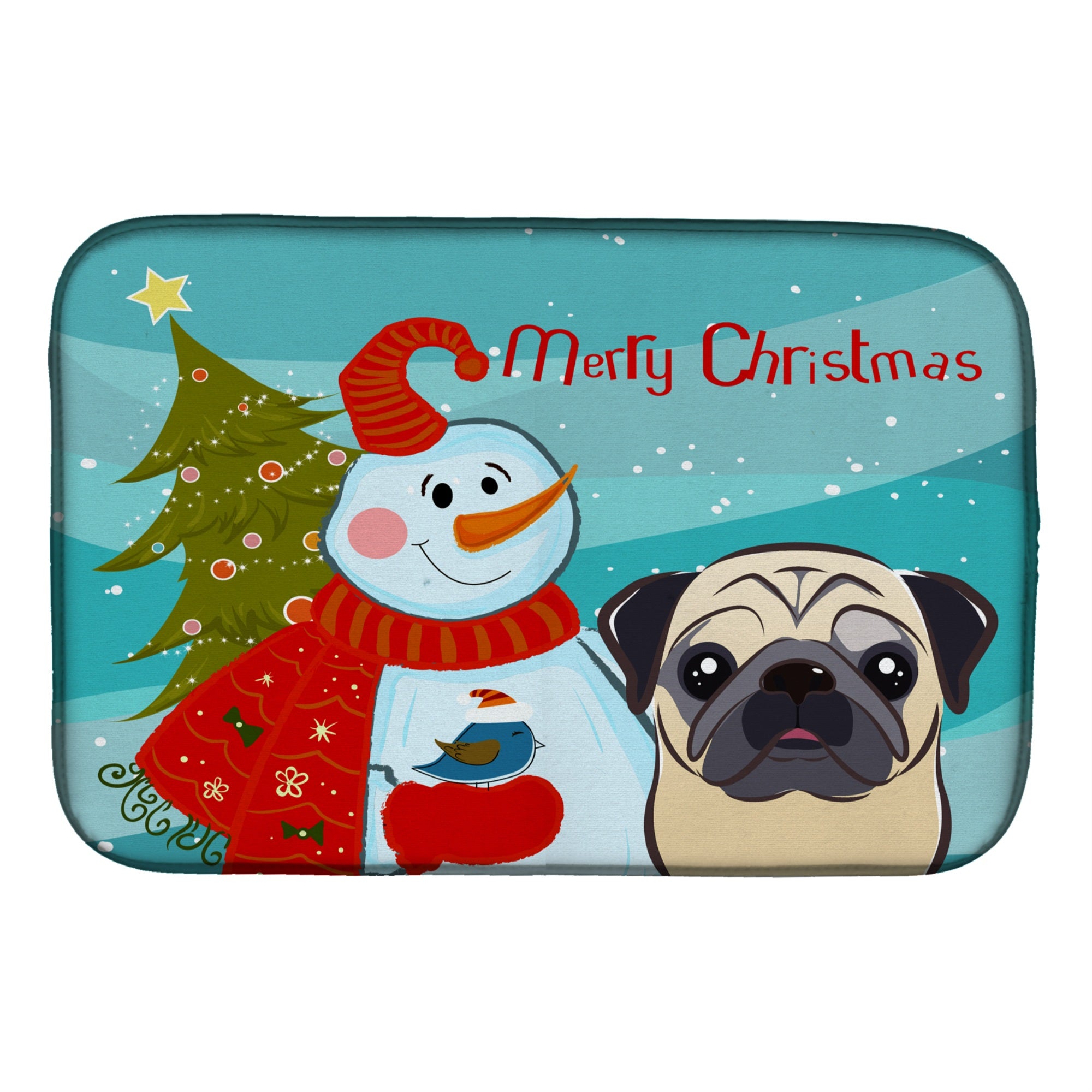 Caroline'S Treasures Snowman With Fawn Pug Dish Drying Mat, 14 X 21