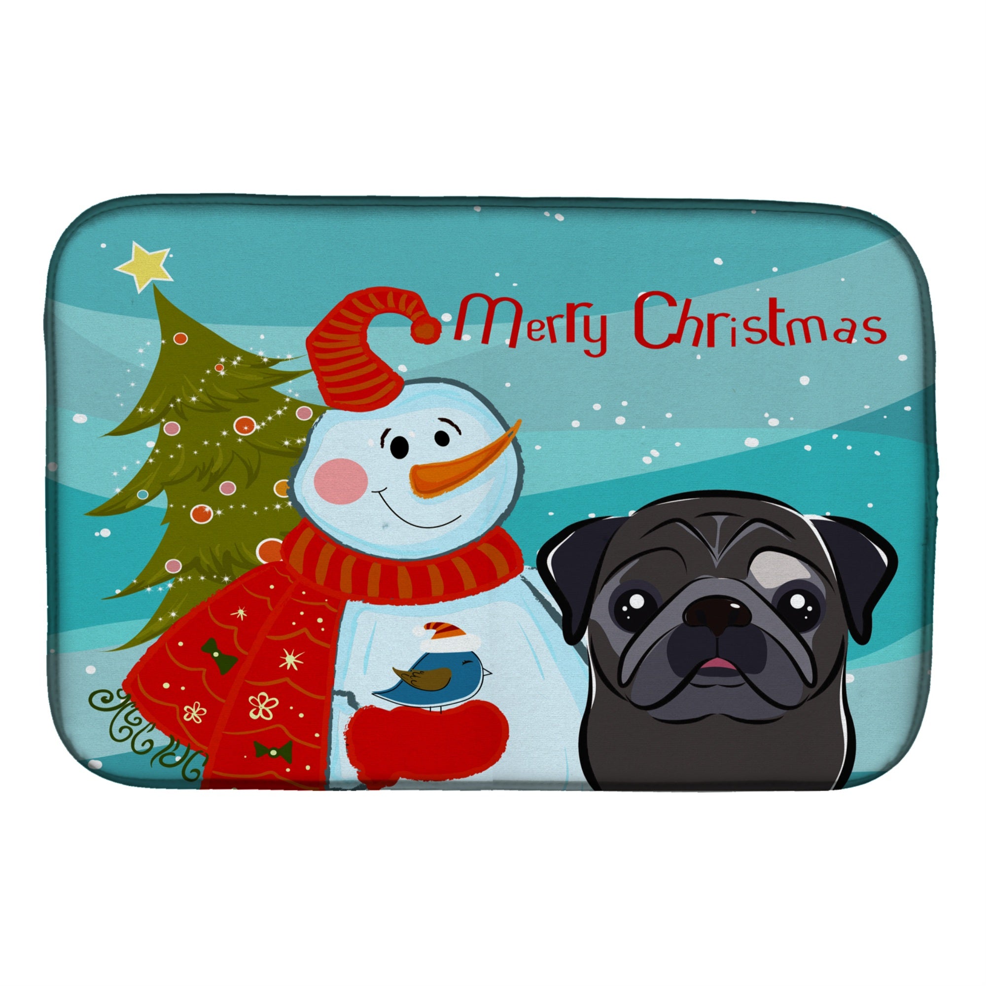 Caroline'S Treasures Snowman With Black Pug Dish Drying Mat, 14 X 21