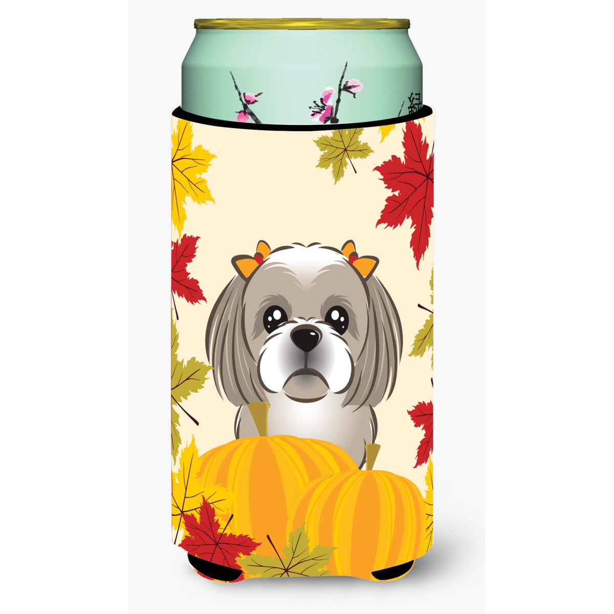 Caroline'S Treasures Bb2056Tbc Gray Silver Shih Tzu Thanksgiving Tall Boy Hugger Koozie, Multicolor