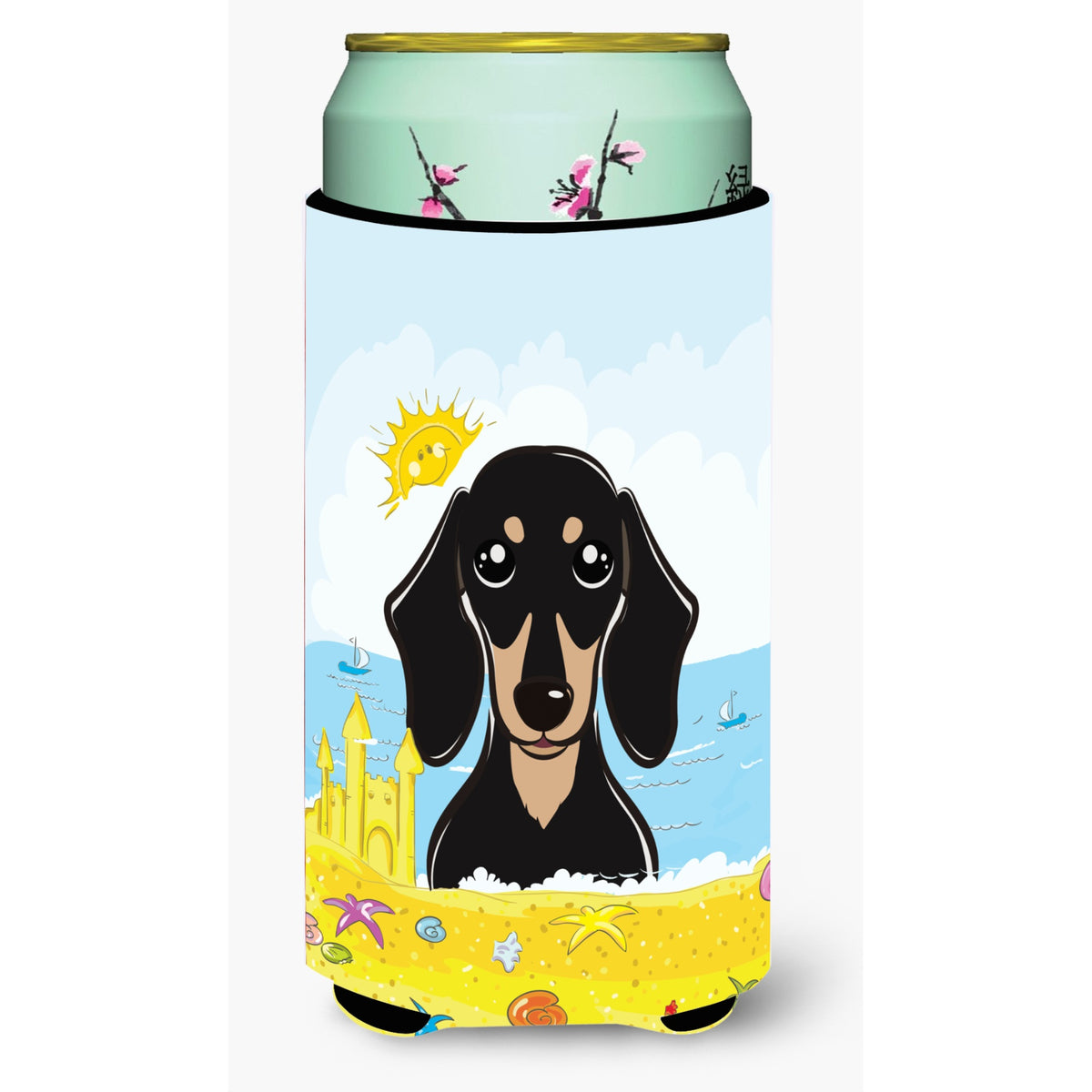 Caroline'S Treasures Bb2083Tbc Smooth Black And Tan Dachshund Summer Beach Tall Boy Hugger Koozie, Multicolor