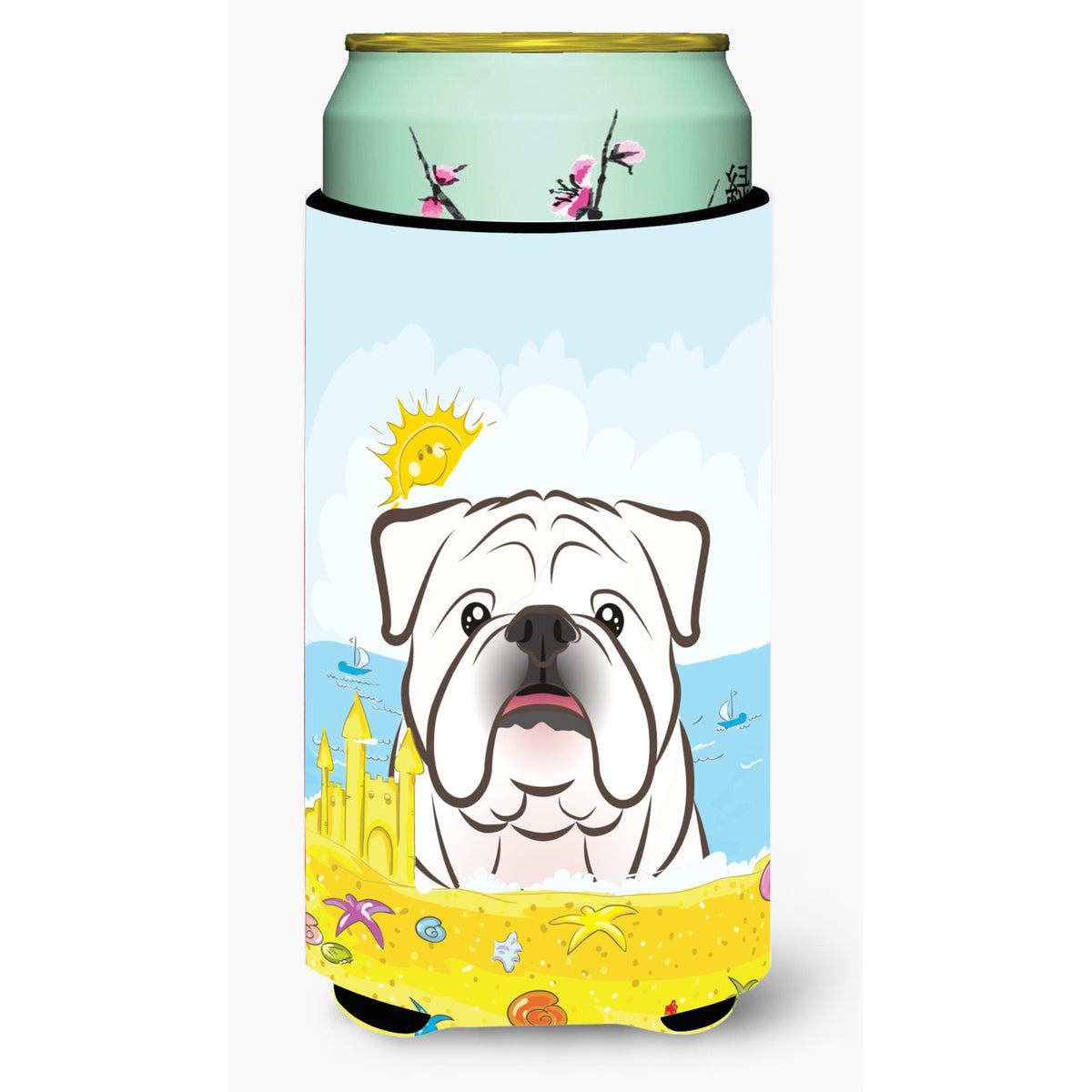 Caroline'S Treasures Bb2088Tbc White English Bulldog Summer Beach Tall Boy Hugger Koozie, Multicolor