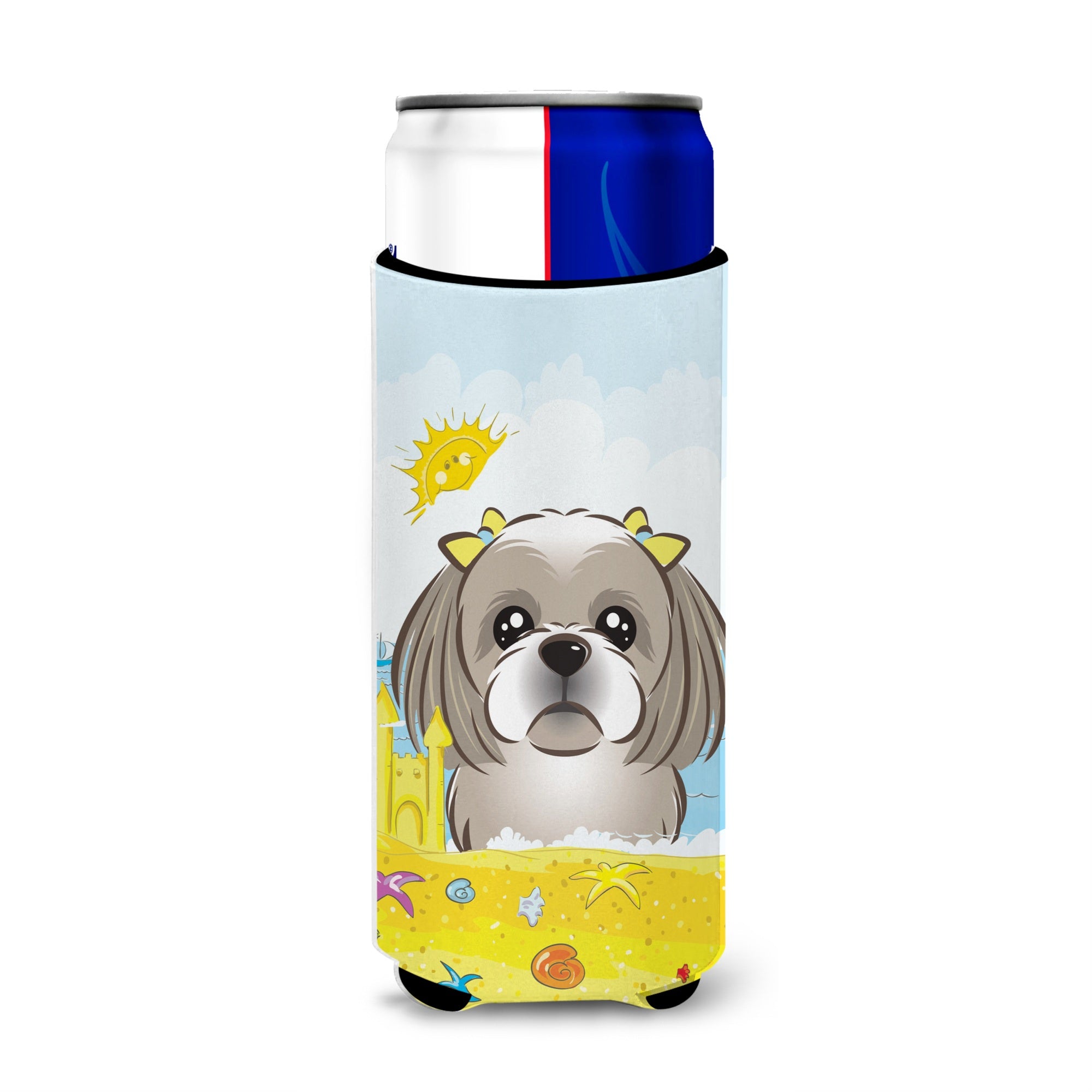 Caroline'S Treasures Bb2118Muk Gray Silver Shih Tzu Summer Beach Michelob Ultra Koozies For Slim Cans, Multicolor