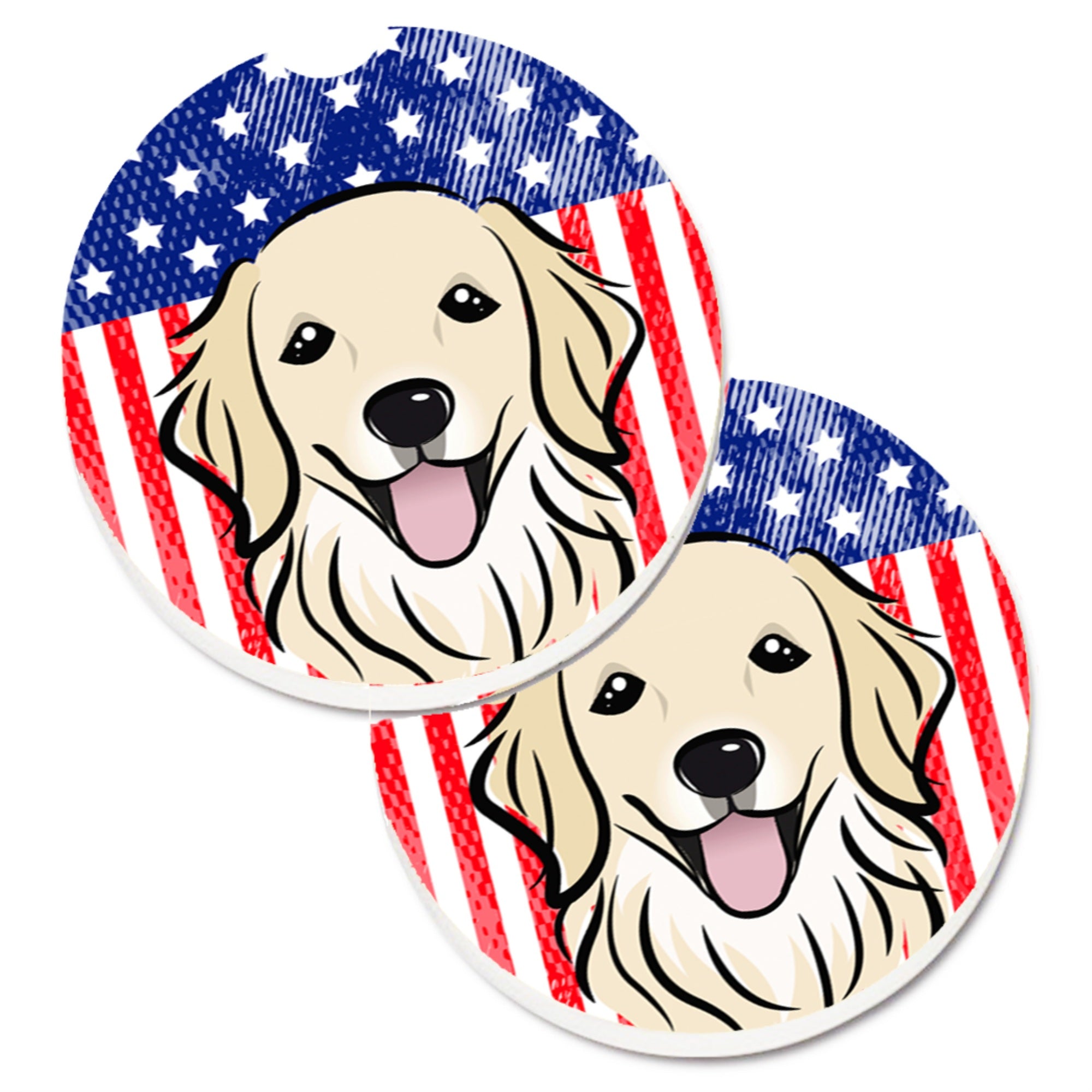 Caroline'S Treasures American Flag & Golden Retriever Set Of 2 Cup Holder Car Coasters Bb2135Carc, 2.56, Multicolor