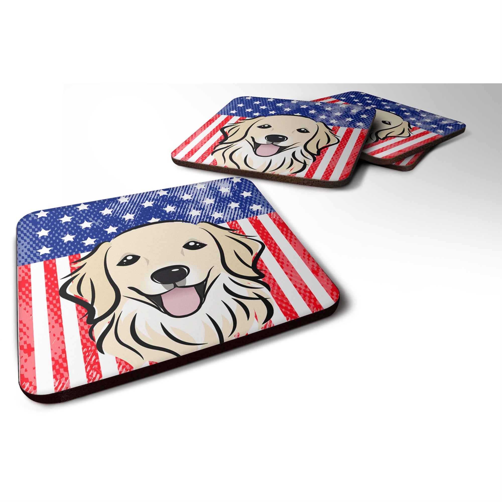 Caroline'S Treasures Bb2135Fc American Flag And Golden Retriever Foam Coaster (Set Of 4), 3.5, Multicolor