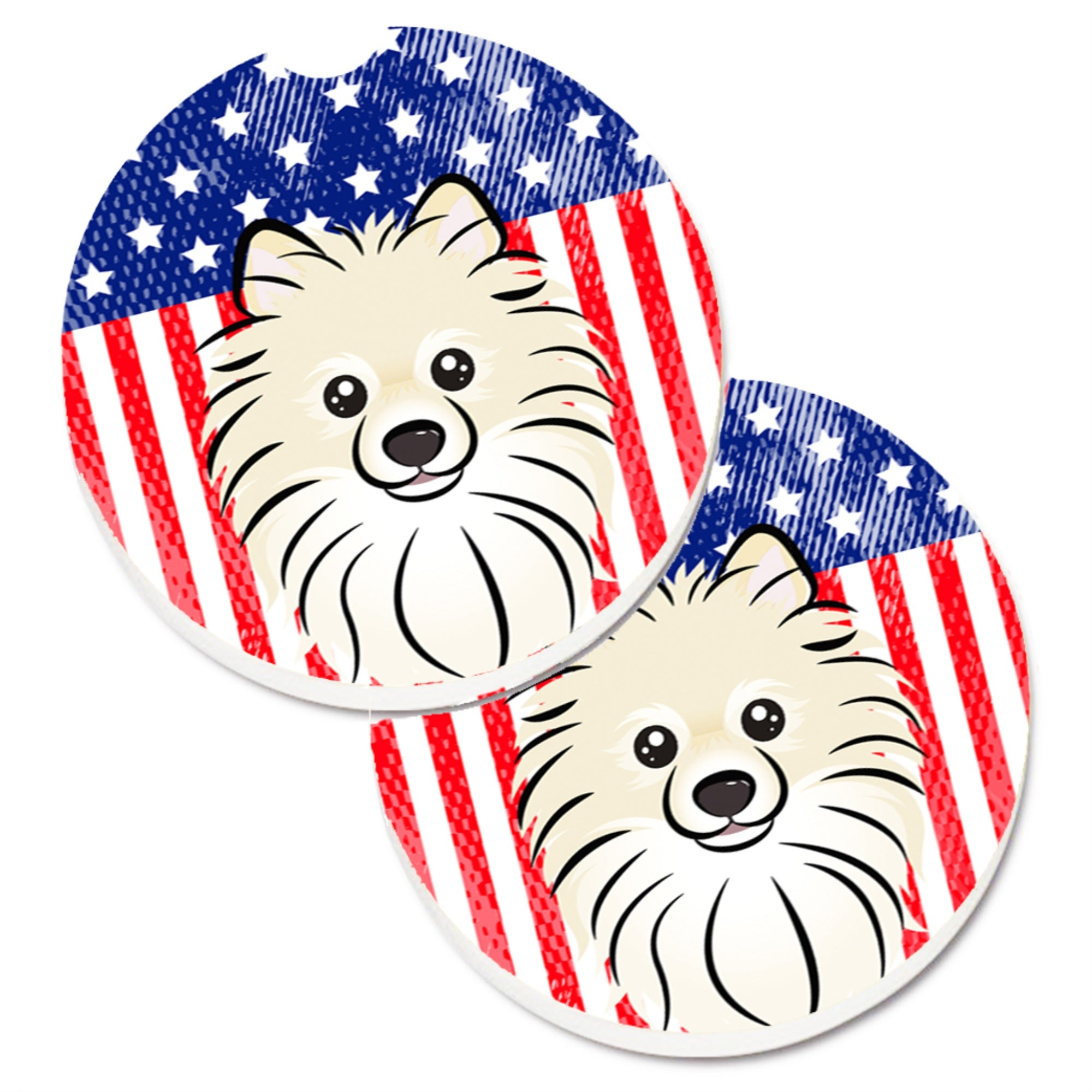 Caroline'S Treasures American Flag & Pomeranian Set Of 2 Cup Holder Car Coasters Bb2137Carc, 2.56, Multicolor