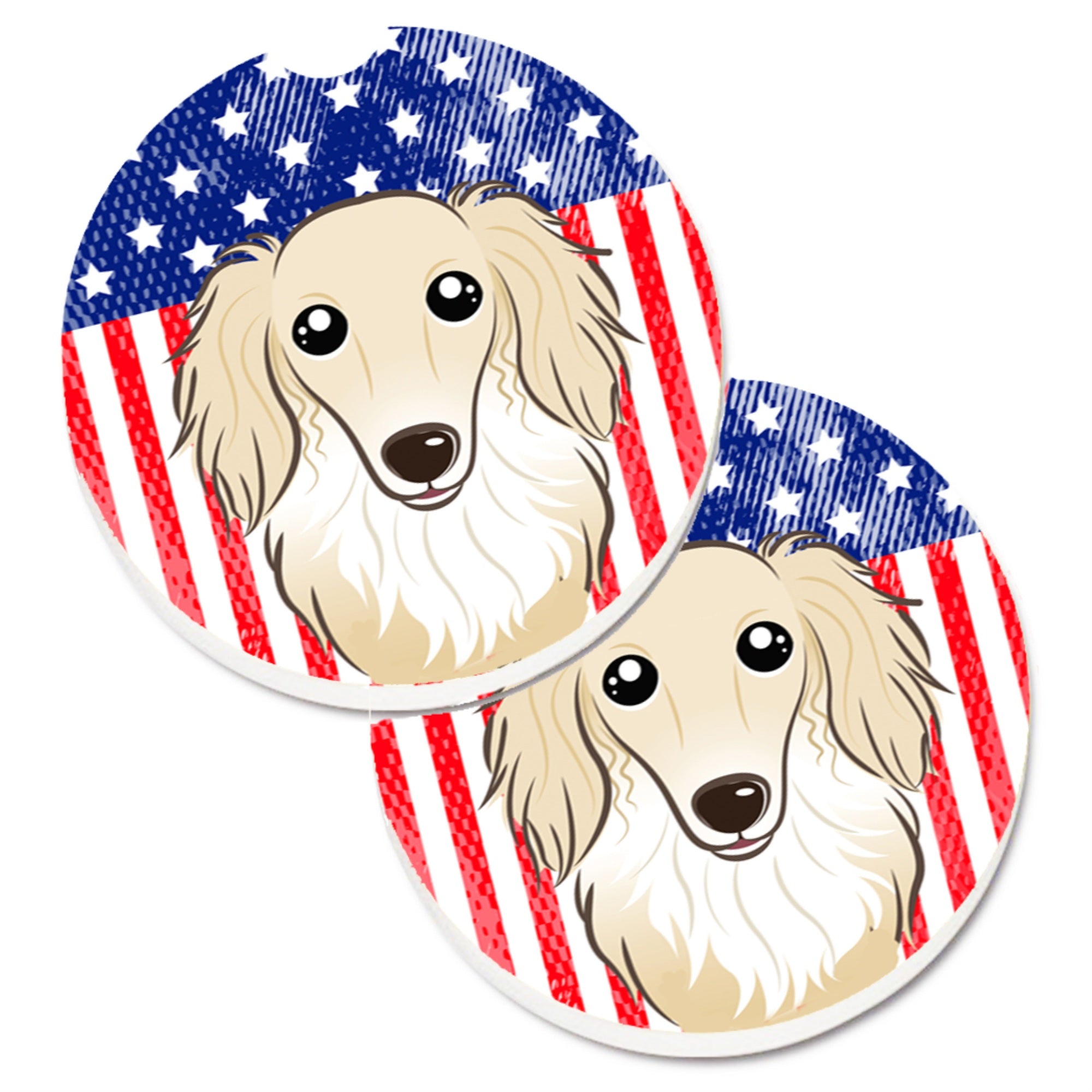 Caroline'S Treasures American Flag & Longhair Creme Dachshund Set Of 2 Cup Holder Car Coasters Bb2142Carc, 2.56, Multicolor