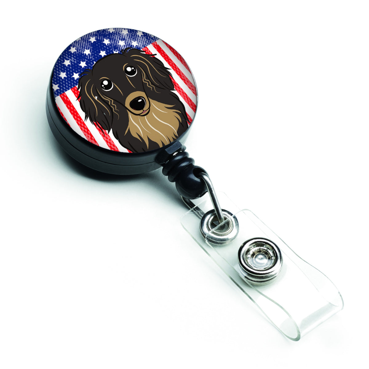 Caroline'S Treasures American Flag And Longhair Black And Tan Dachshund Retractable Badge Reel, Multicolor (Bb2143Br)