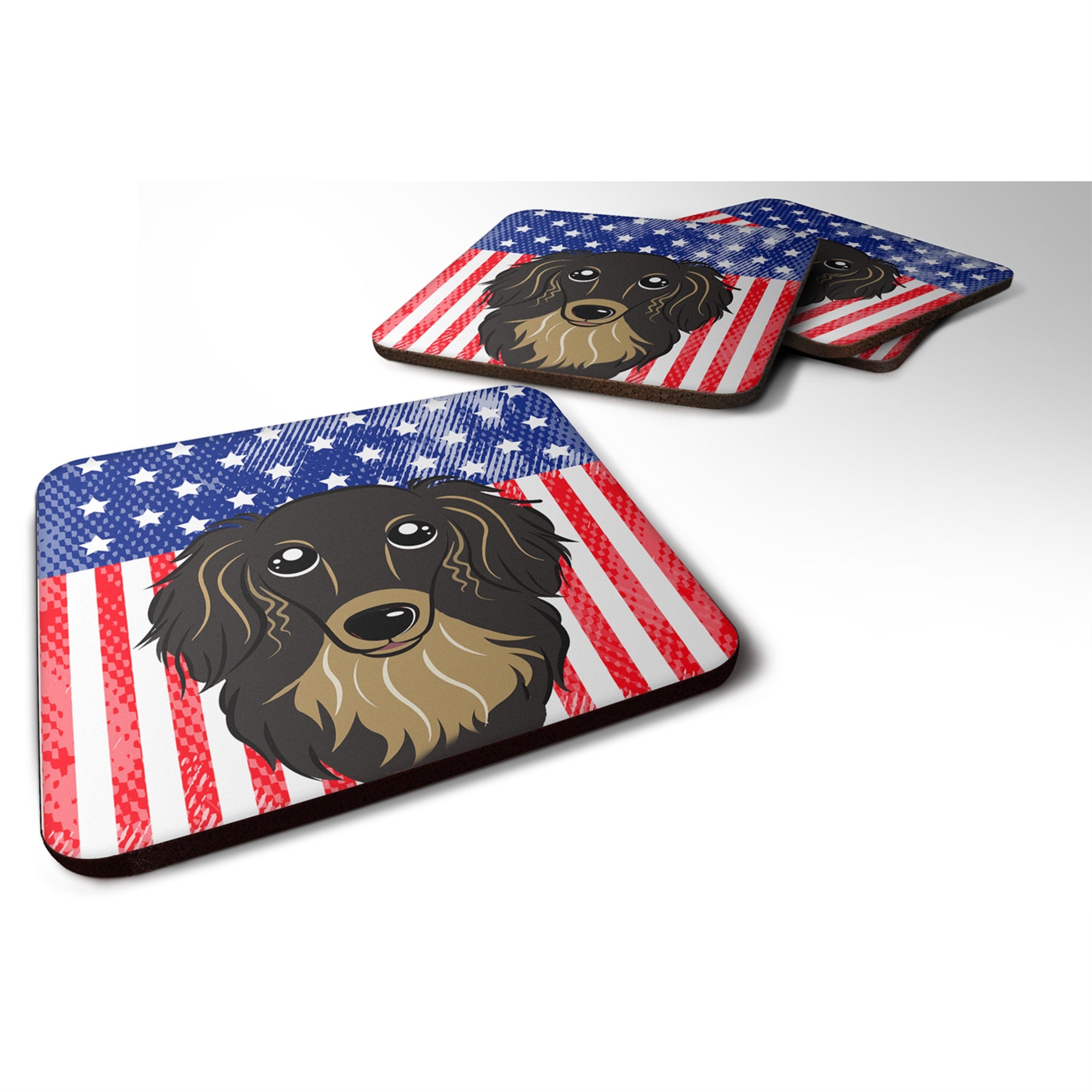 Caroline'S Treasures Bb2143Fc American Flag And Longhair Black And Tan Dachshund Foam Coaster (Set Of 4), 3.5, Multicolor,