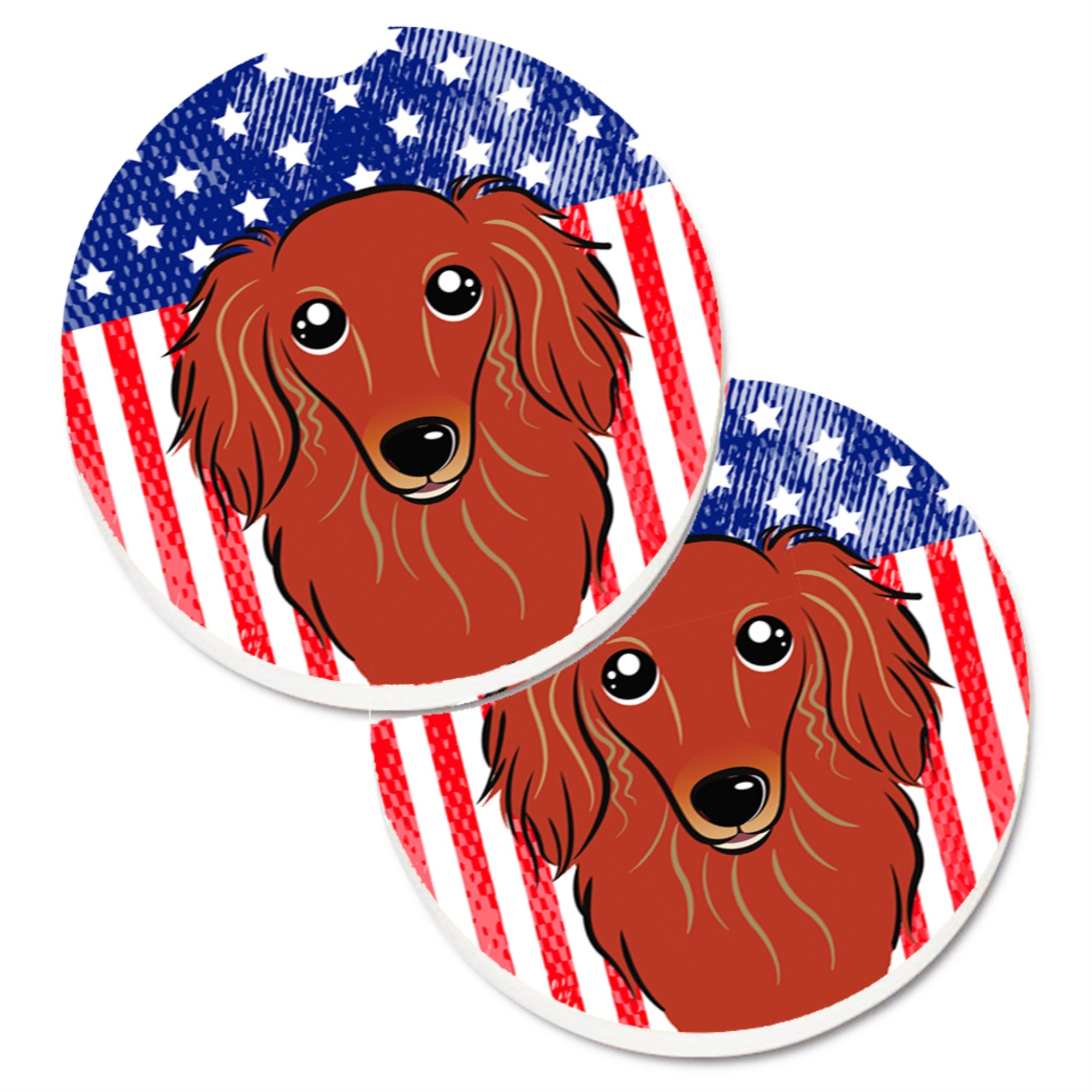 Caroline'S Treasures American Flag & Longhair Red Dachshund Set Of 2 Cup Holder Car Coasters Bb2144Carc, 2.56, Multicolor