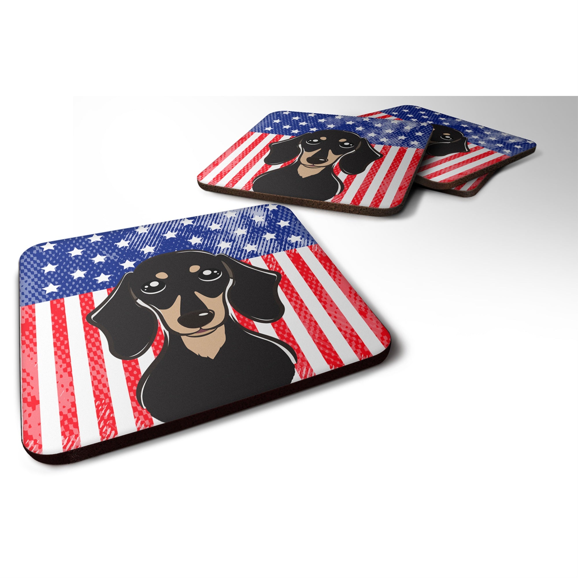 Caroline'S Treasures Bb2145Fc American Flag And Smooth Black And Tan Dachshund Foam Coaster (Set Of 4), 3.5, Multicolor