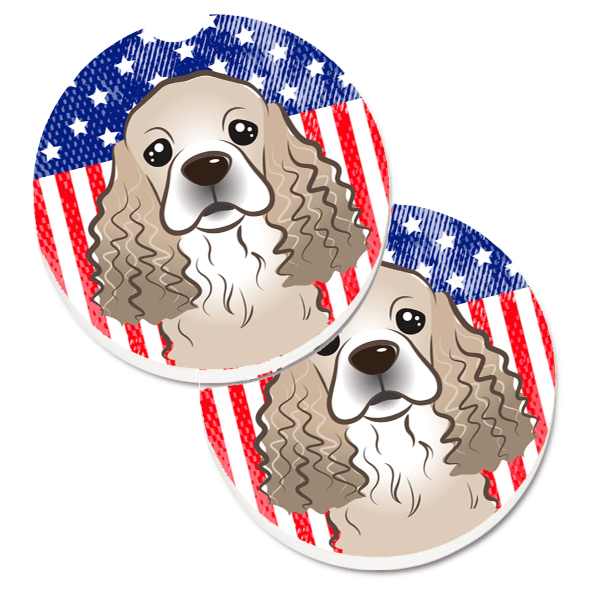 Caroline'S Treasures American Flag & Cocker Spaniel Set Of 2 Cup Holder Car Coasters Bb2146Carc, 2.56, Multicolor