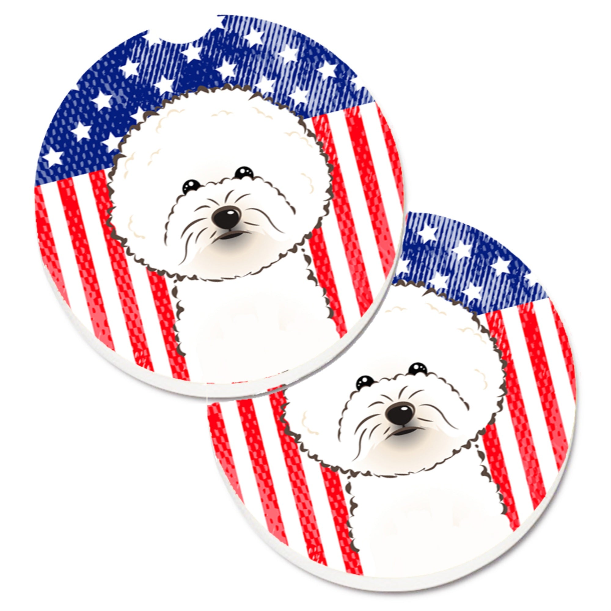 Caroline'S Treasures American Flag & Bichon Frise Set Of 2 Cup Holder Car Coasters Bb2147Carc, 2.56, Multicolor