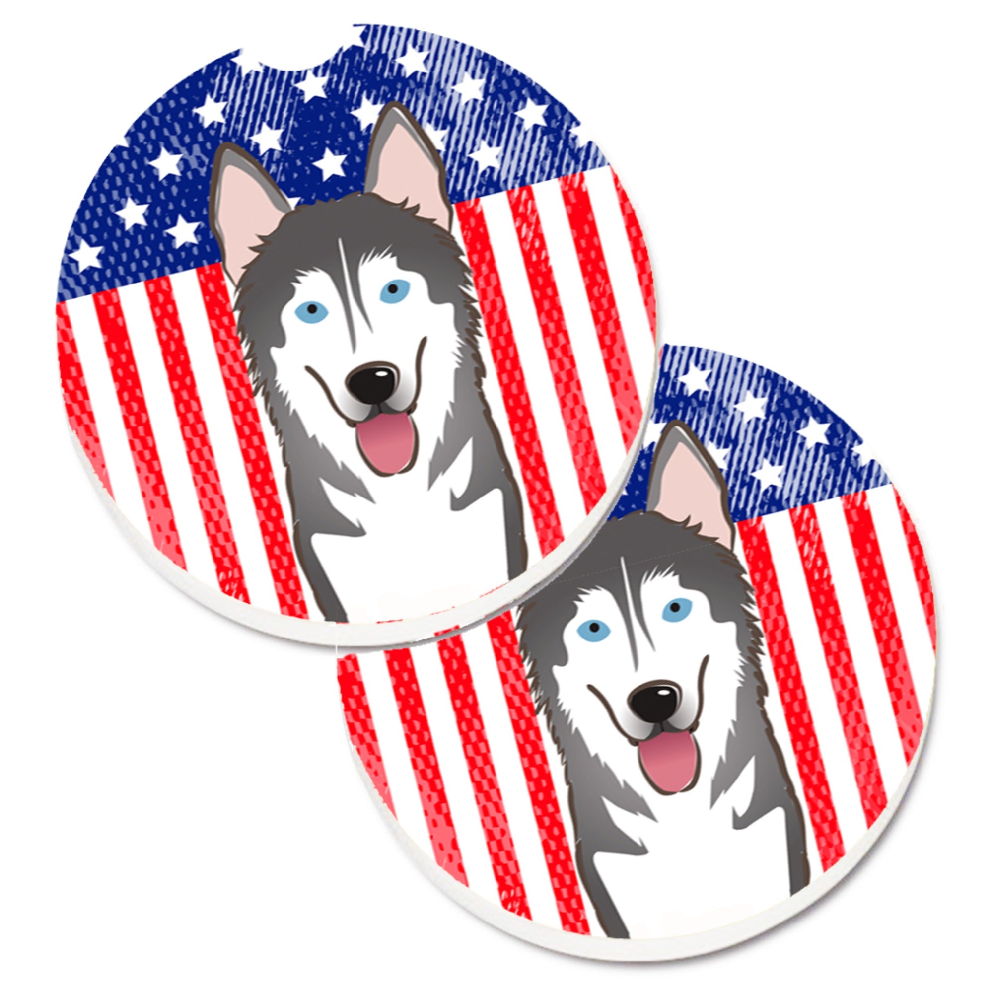 Caroline'S Treasures American Flag & Alaskan Malamute Set Of 2 Cup Holder Car Coasters Bb2148Carc, 2.56, Multicolor