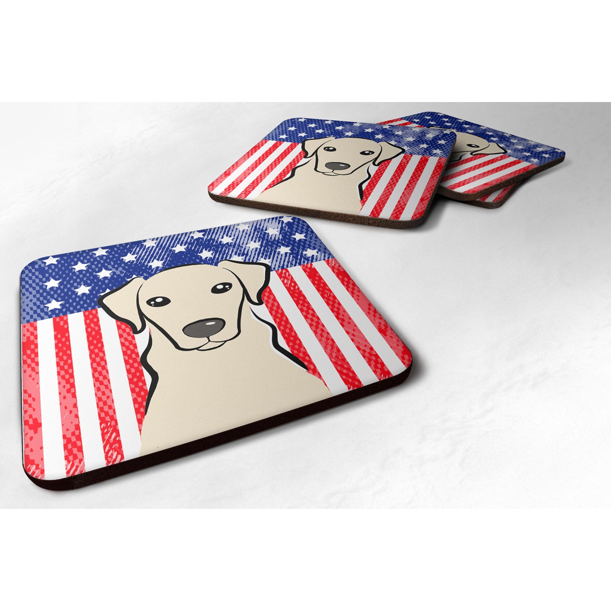 Caroline'S Treasures Bb2152Fc American Flag And Yellow Labrador Foam Coaster (Set Of 4), 3.5, Multicolor