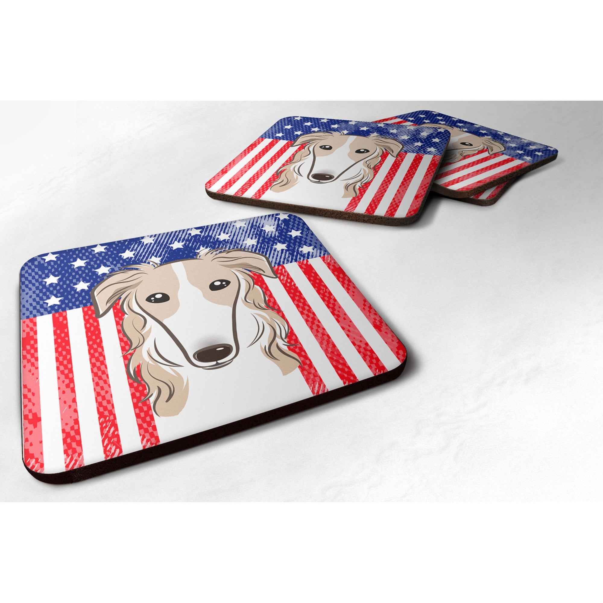Caroline'S Treasures Bb2158Fc American Flag And Borzoi Foam Coaster (Set Of 4), 3.5, Multicolor