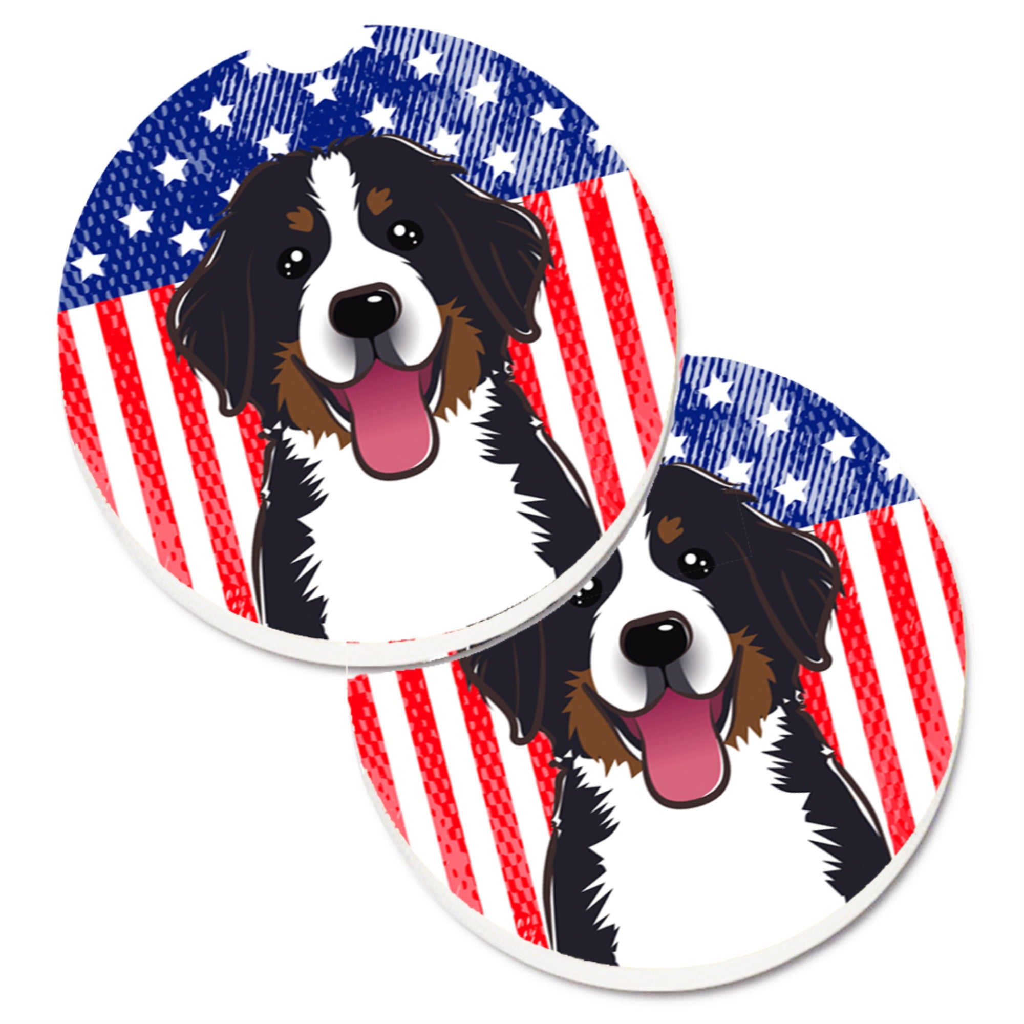 Caroline'S Treasures American Flag & Bernese Mountain Dog Set Of 2 Cup Holder Car Coasters Bb2167Carc, 2.56, Multicolor